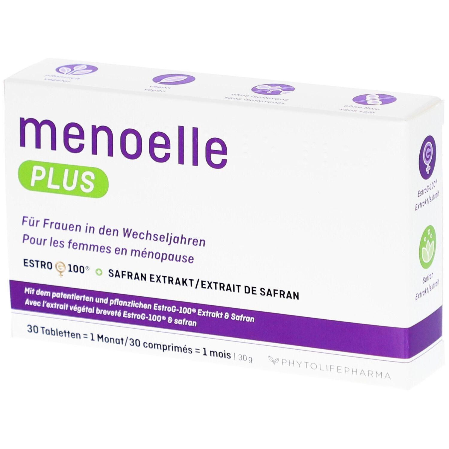 Weiße Schachtel mit lila und grünen Akzenten. Aufschrift: menoelle PLUS. Text in Deutsch und Französisch. Enthält 30 Tabletten.