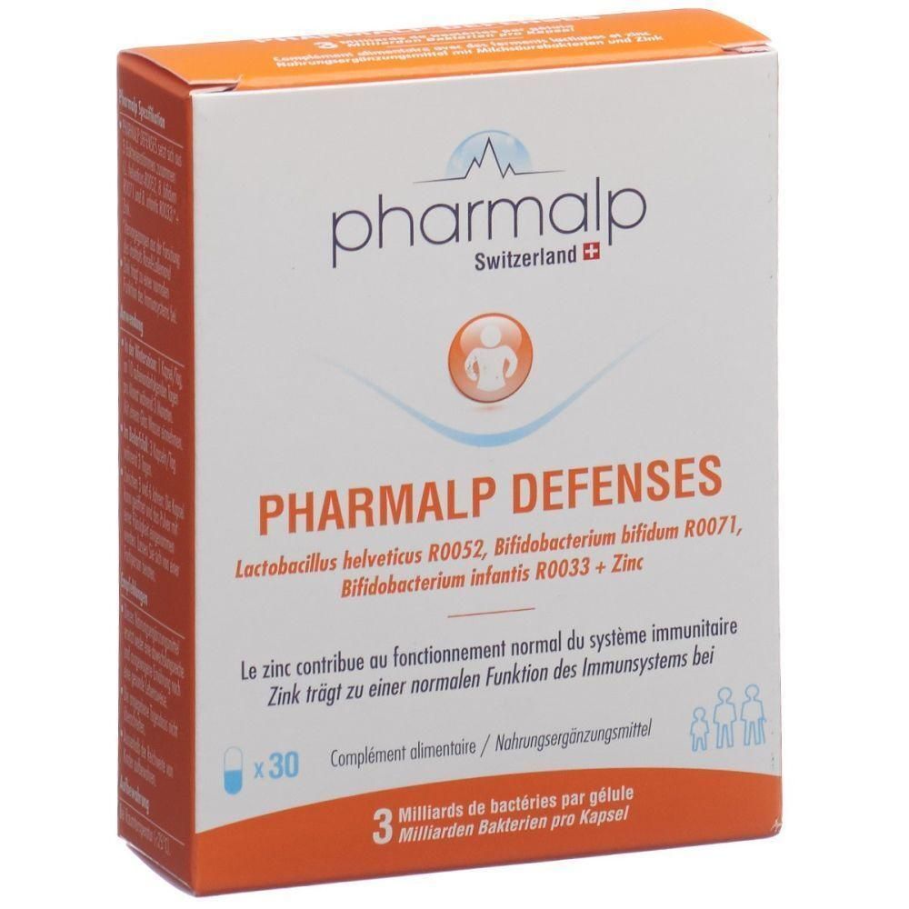 Verpackung von PHARMALP DEFENSES. Orangefarbener Karton mit Produktnamen, Logo und Text. Enthält 30 Kapseln.