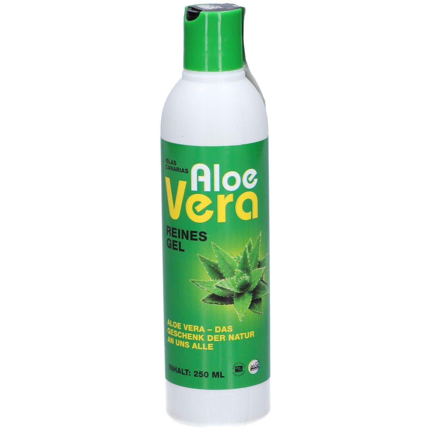 Weiße Flasche mit grünem Deckel und Etikett. Auf dem Etikett steht "Aloe Vera" und "REINES GEL".