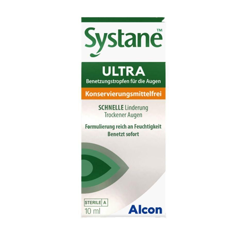 Systane Ultra, gouttes ophtalmiques. Emballage blanc avec texte vert et orange. Contient 10 ml. Logo Alcon.