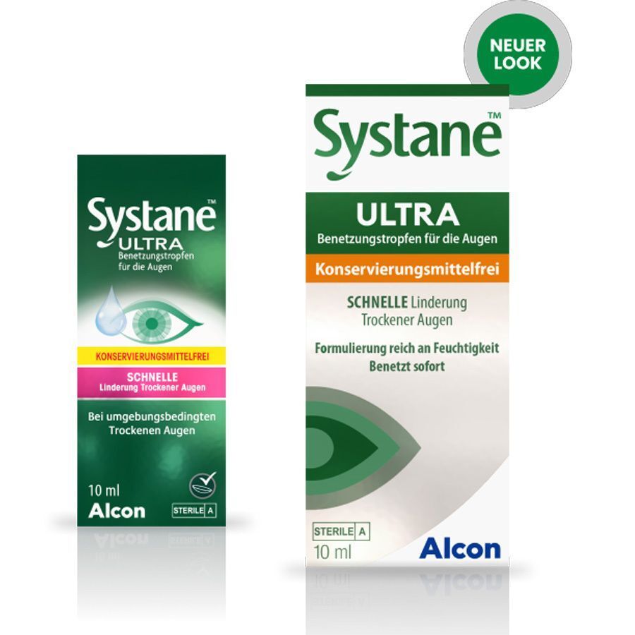 Systane Ultra, gouttes ophtalmiques. Deux emballages, un avec un nouveau design. Emballage blanc avec texte vert et orange. Logo Alcon.