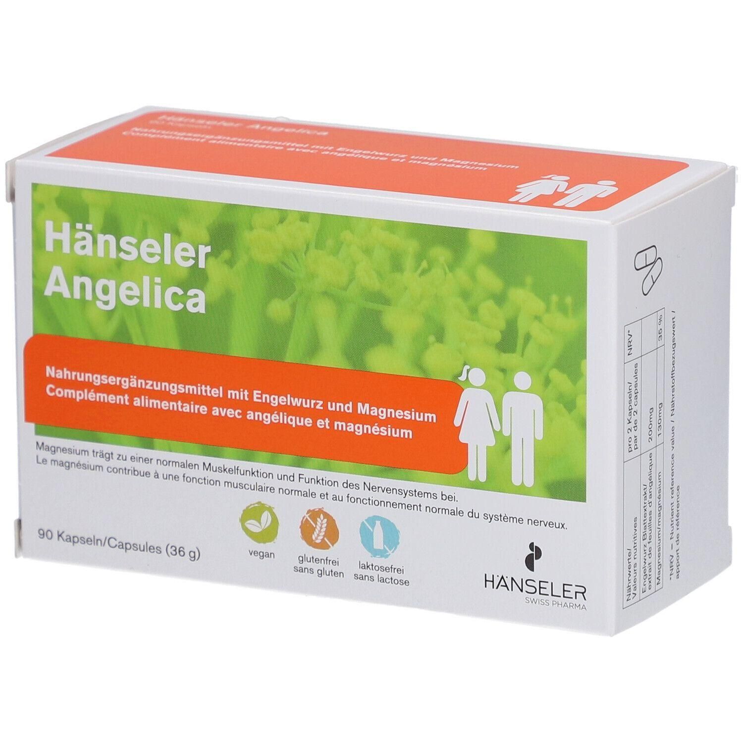 Weißer Karton mit Hänseler Angelica Kapseln. Text: Nahrungsergänzungsmittel mit Engelwurz und Magnesium. 90 Kapseln. Vegan, glutenfrei, laktosefrei.