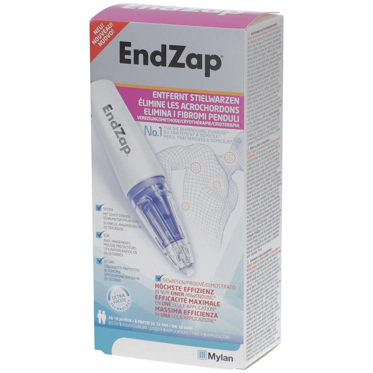 Produktverpackung von EndZap. Enthält ein Kryotherapiegerät. Aufschrift: Entfernt Stielwarzen. Mit Mylan-Logo.