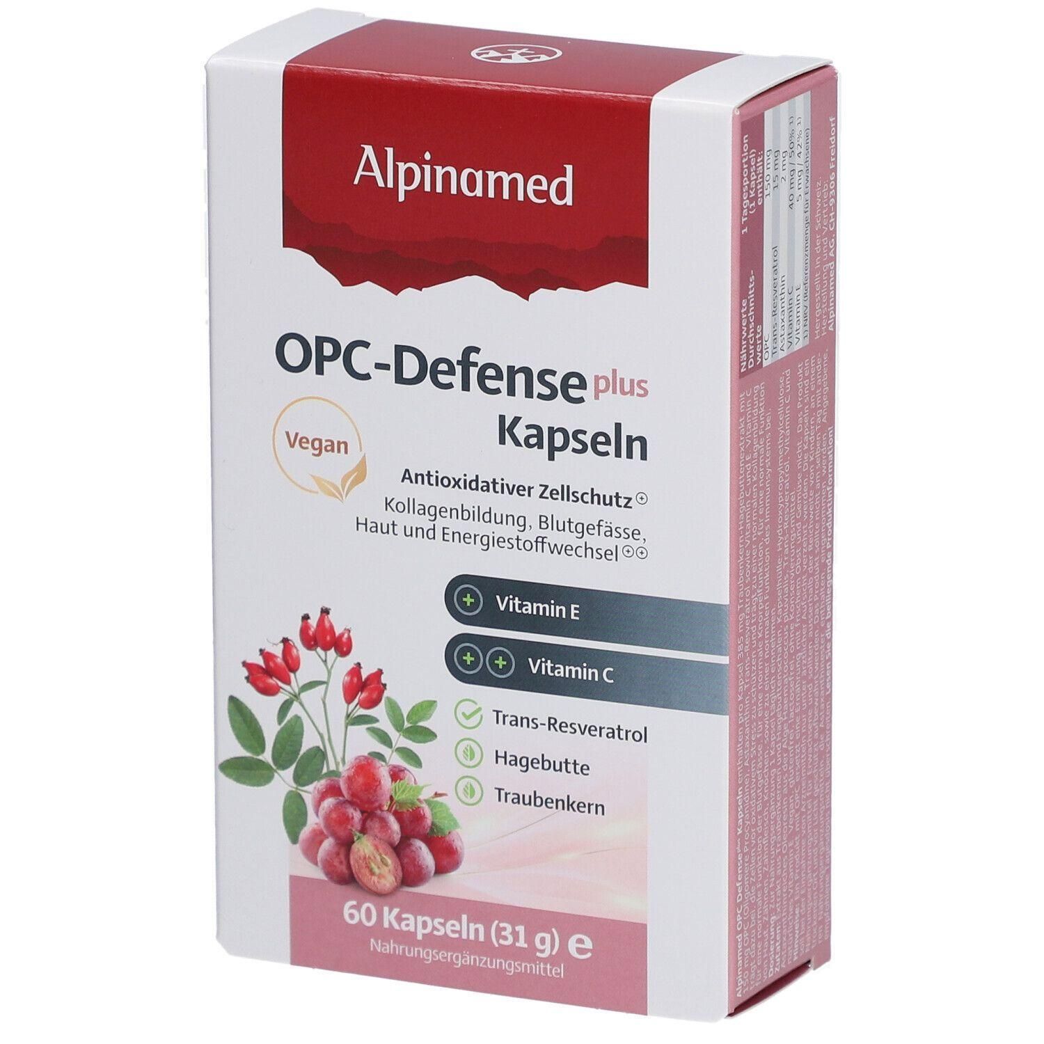 Boîte blanche avec couvercle rouge. Inscription : Alpinamed OPC-Defense plus Kapseln. Contient 60 gélules. Vegan. Avec vitamine E, C, Trans-Resvératrol, Cynorrhodon, Pépins de raisin.