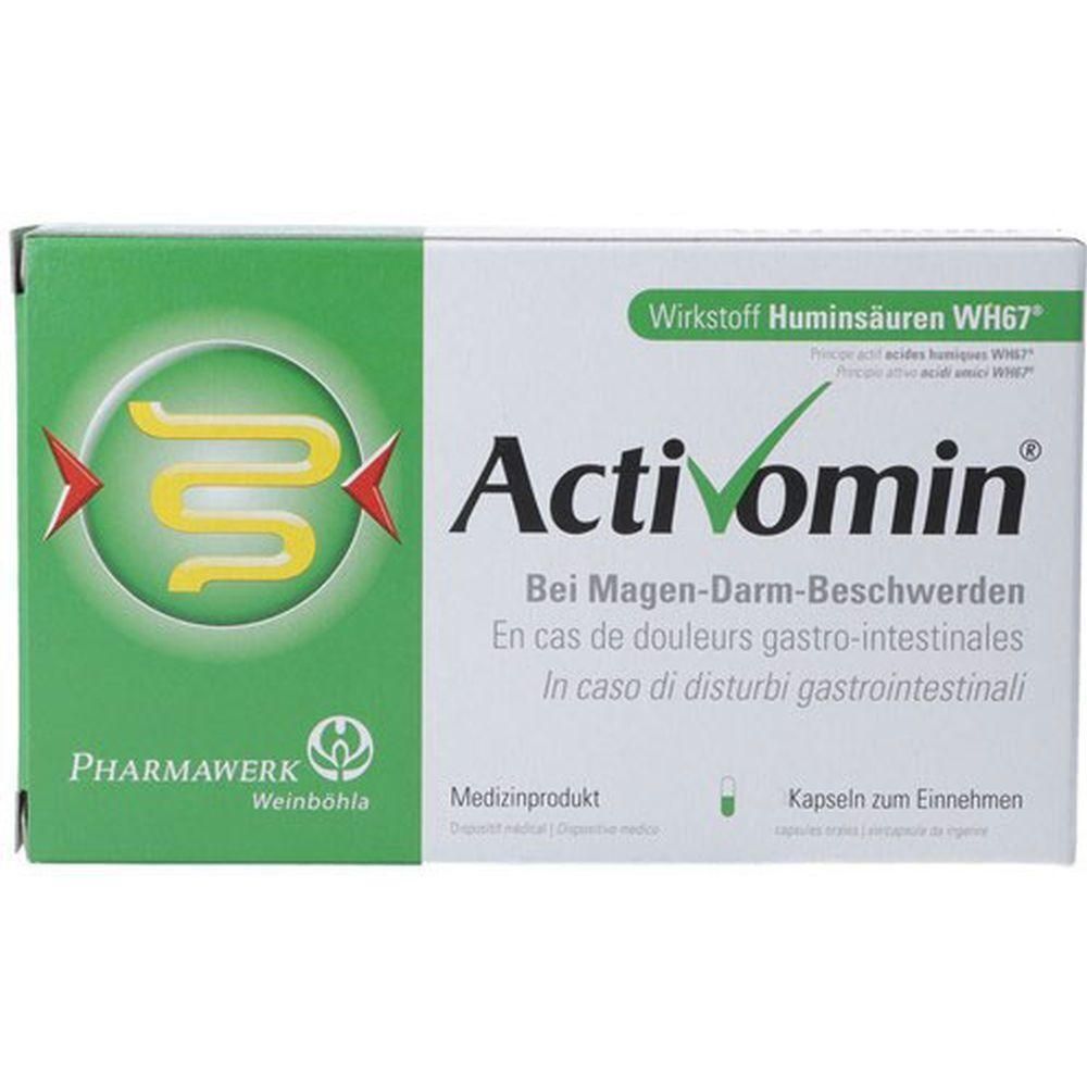 Schachtel mit Activomin. Grün-weiße Verpackung mit Logo und Produktbezeichnung. Text: Bei Magen-Darm-Beschwerden. Kapseln zum Einnehmen.