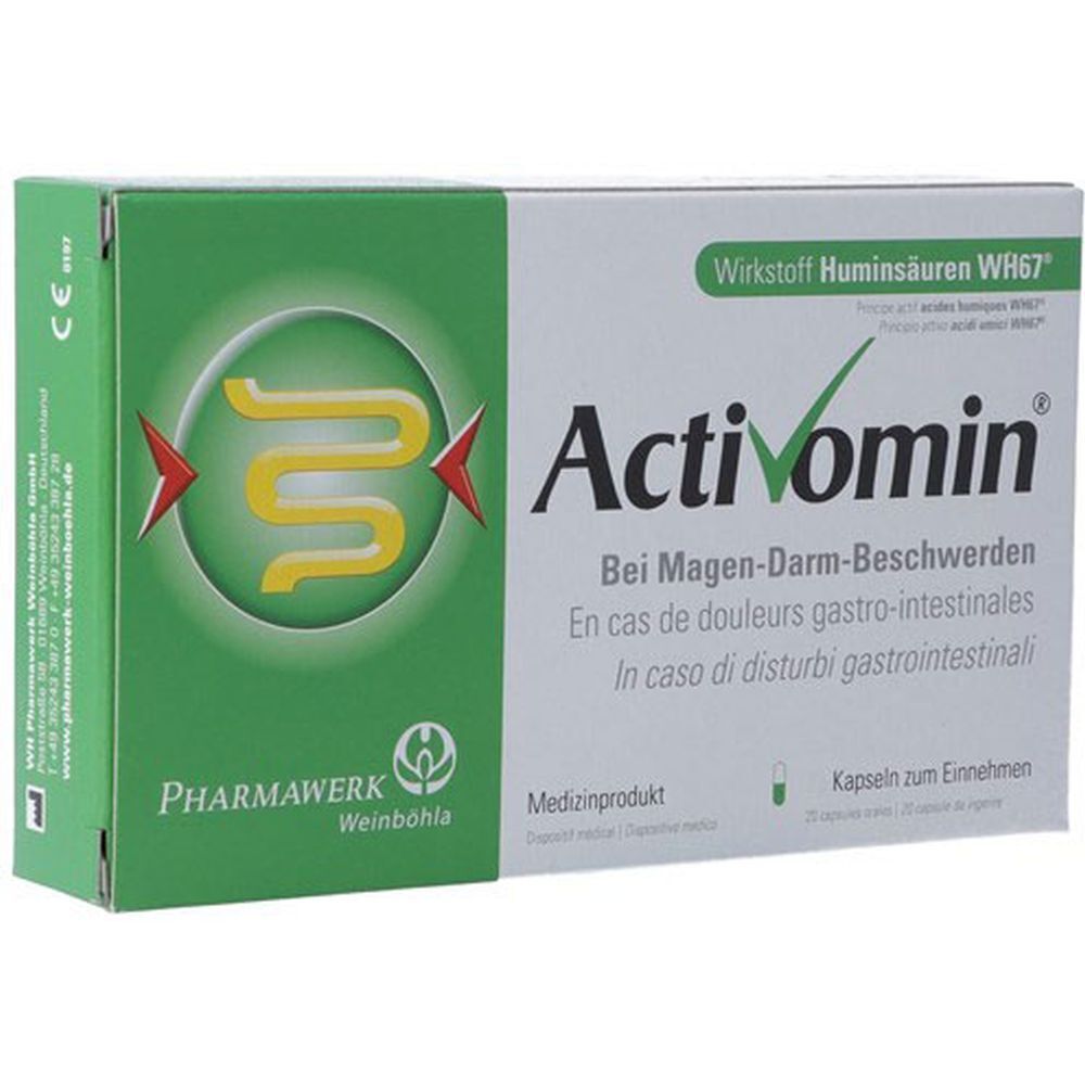 Schachtel Activomin, grüne und weiße Verpackung. Logo und Produktbezeichnung. Text: Bei Magen-Darm-Beschwerden. Kapseln zum Einnehmen.