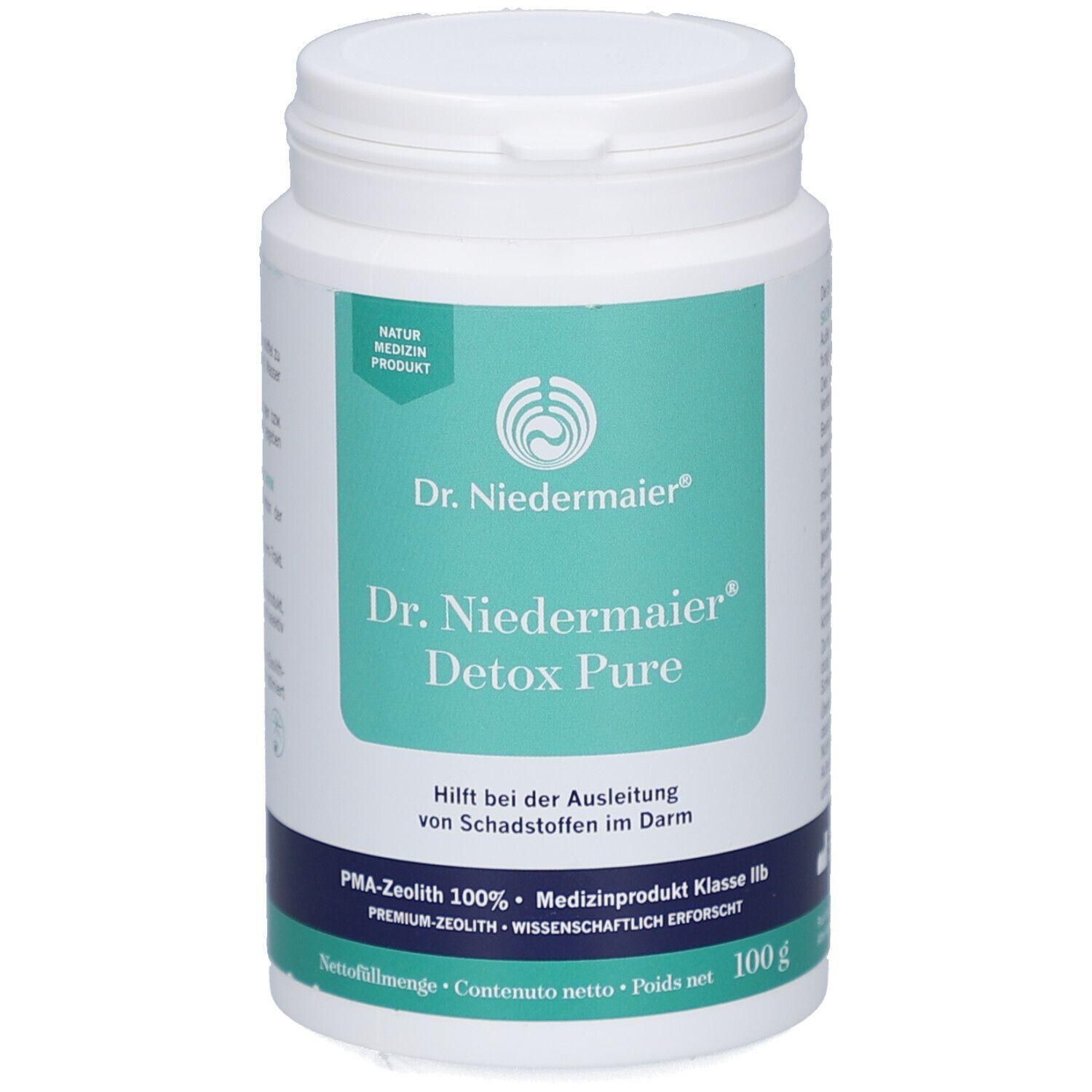 Weiße Dose mit grünem Etikett. Aufschrift: Dr. Niedermaier Detox Pure. Hilft bei der Ausleitung von Schadstoffen im Darm. 100g.