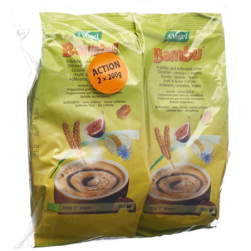 Zwei Beutel Bambu Instant-Kaffee. Aufschrift: A. Vogel, Bambu, 2x200g. Abbildung von Kaffee, Feige und Getreide.