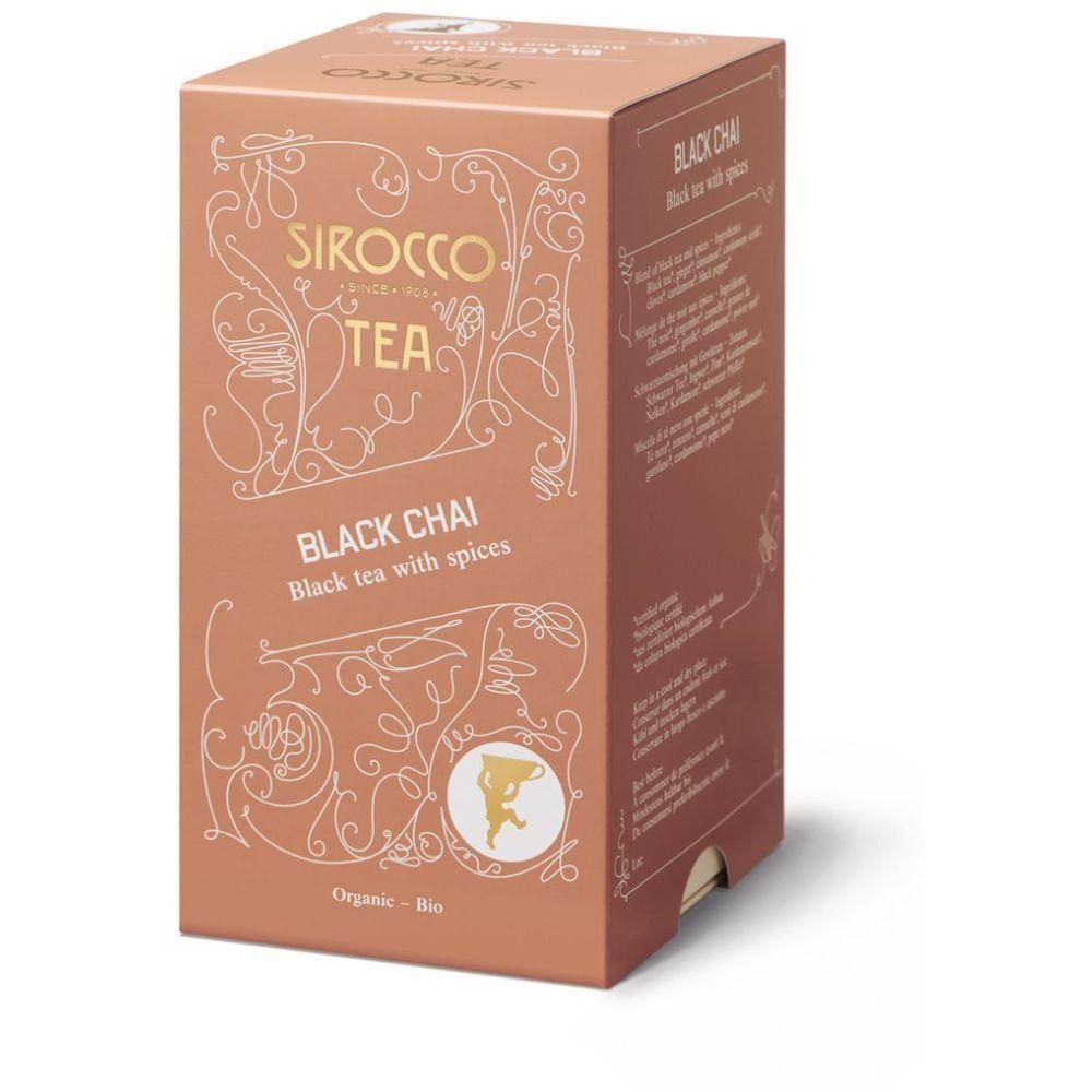 Boîte en carton SIROCCO TEA Black Chai. Inscription: Black tea with spices. Label biologique.
