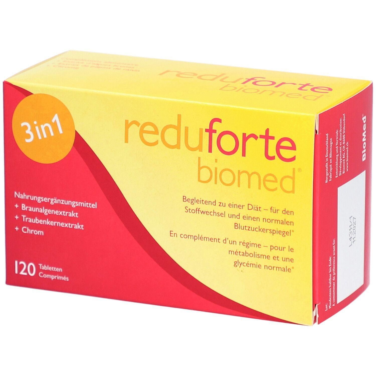Schachtel Reduforte Biomed. 3in1, 120 Tabletten. Nahrungsergänzungsmittel. Braunalgenextrakt, Traubenkernextrakt, Chrom. Gelb-rot.