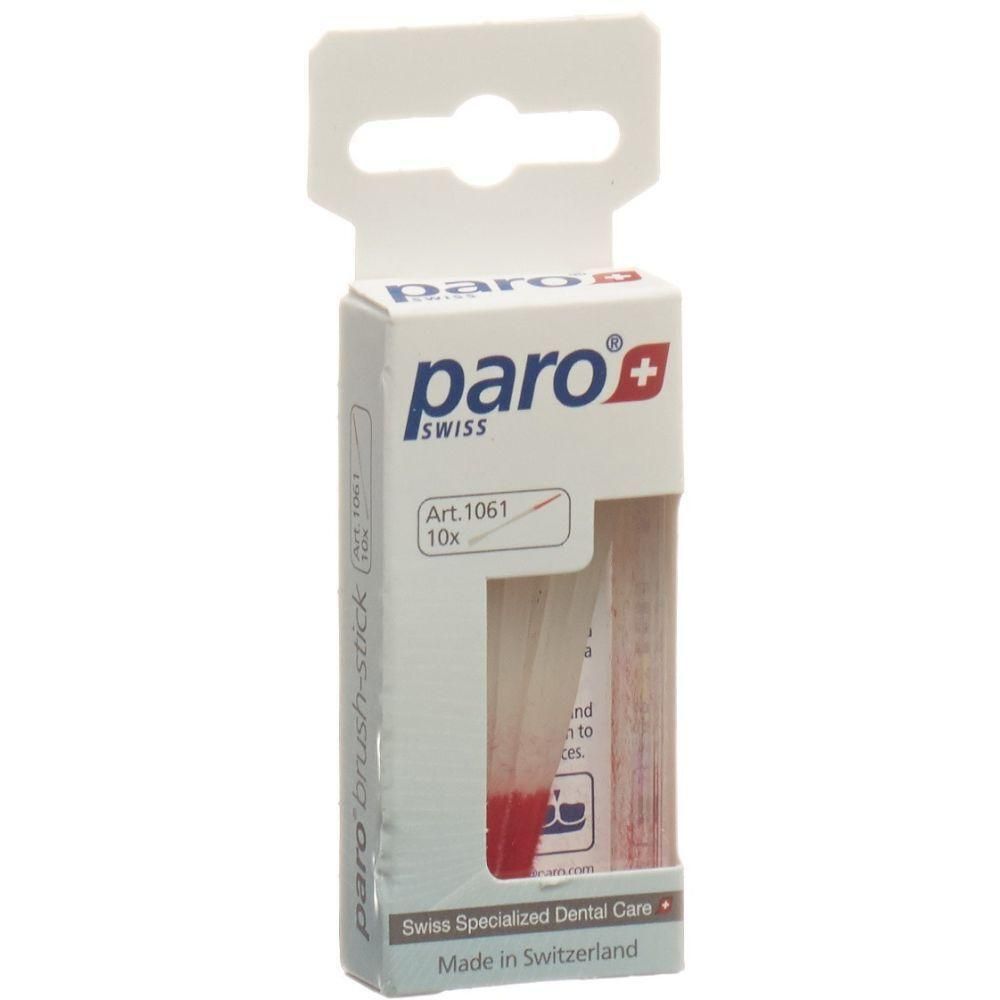 Verpackung mit paro+ Brush-Sticks. Sichtfenster zeigt die Sticks. Aufschrift: paro+, Swiss, Art. 1061, 10x. Hergestellt in der Schweiz.