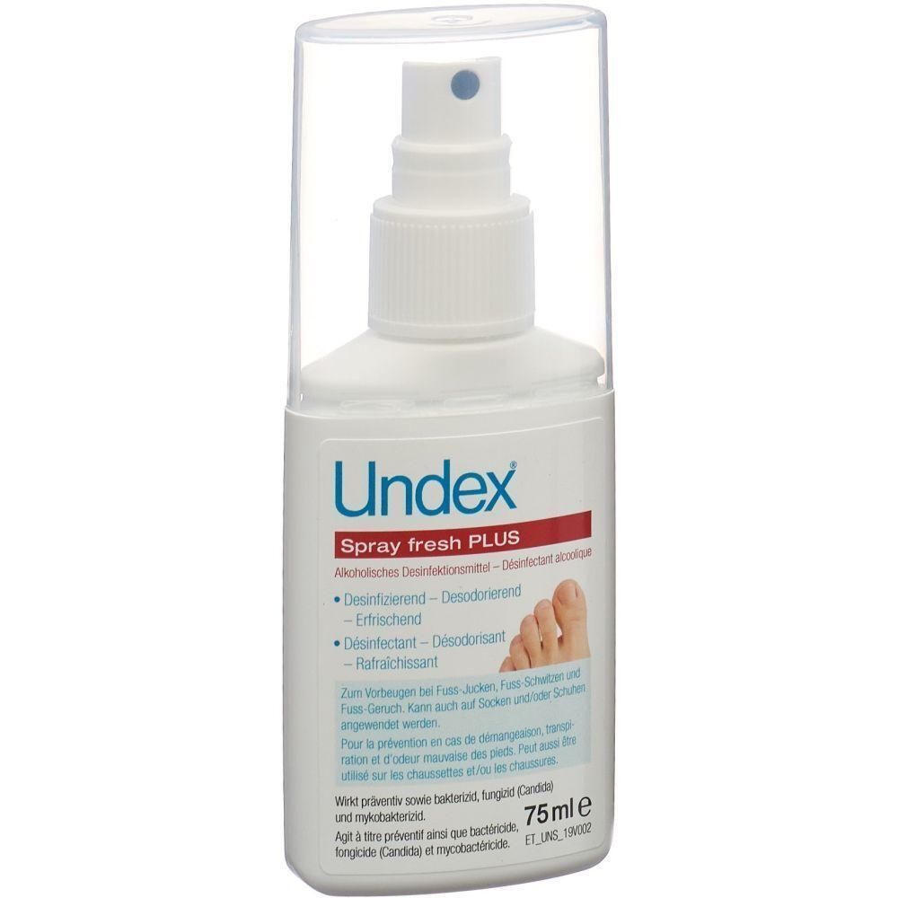 Flacon spray blanc avec bouchon transparent. Inscription: Undex Spray fresh PLUS. Contient du texte en allemand et en français. 75ml.