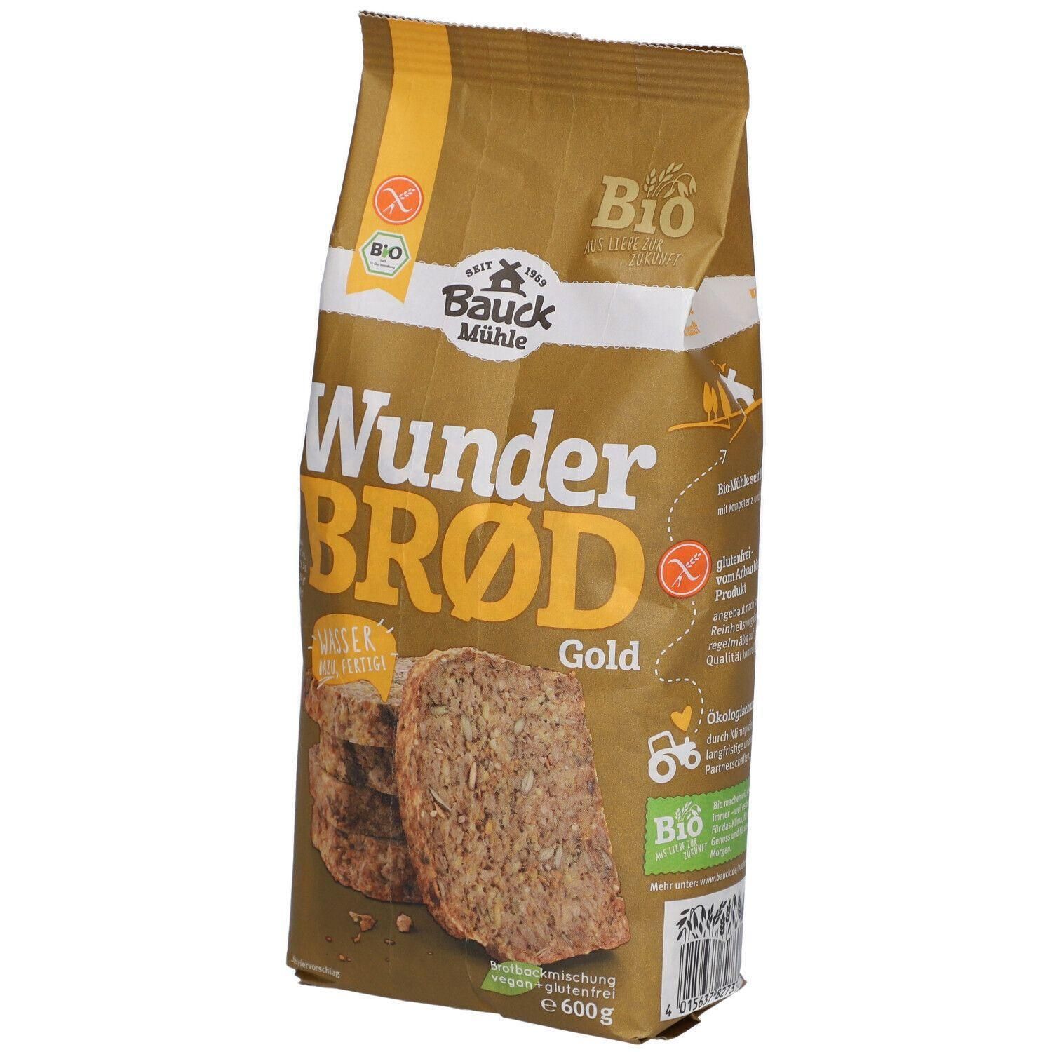 Verpackung von Bauckhof Wunderbrod Gold Bio. Goldfarbene Tüte mit Produktnamen und Bio-Siegel. Glutenfrei.