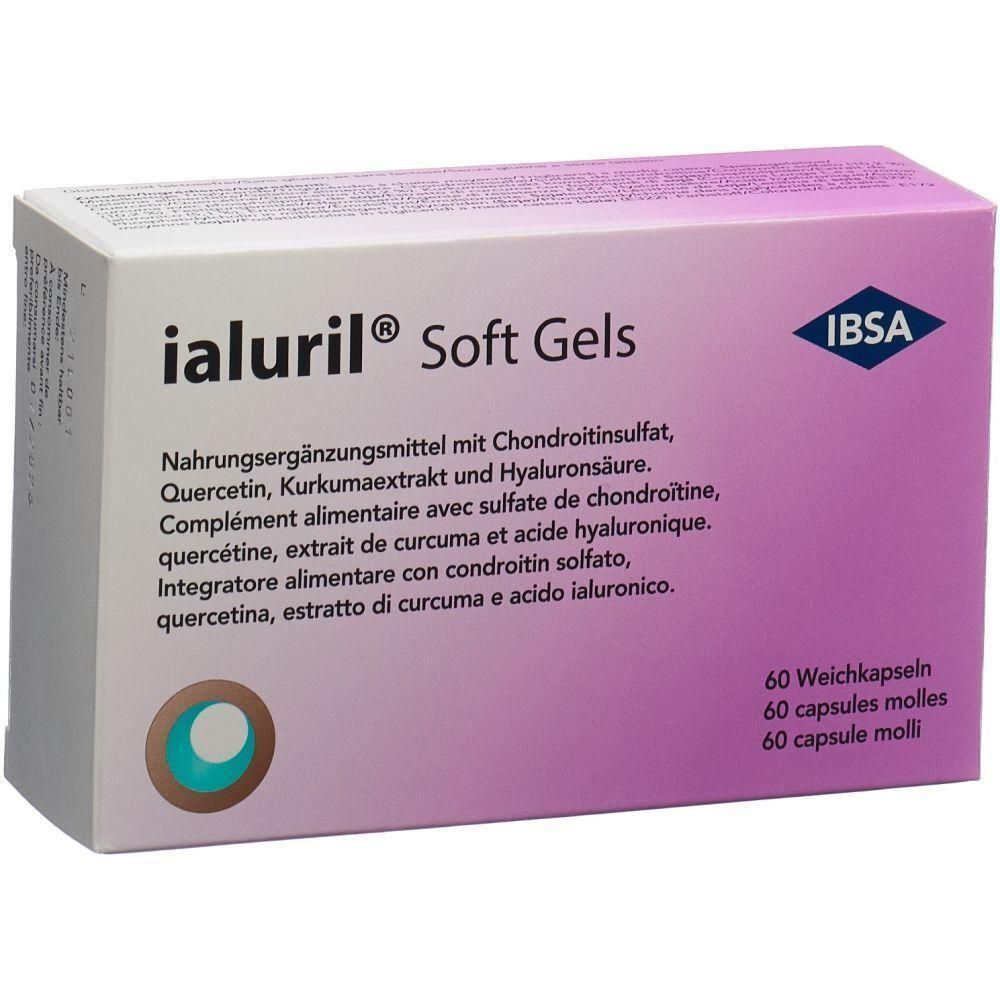 Karton von Ialuril® Soft Gels. Enthält 60 Weichkapseln. Aufschrift: Nahrungsergänzungsmittel mit Chondroitinsulfat, Quercetin, Kurkumaextrakt und Hyaluronsäure.