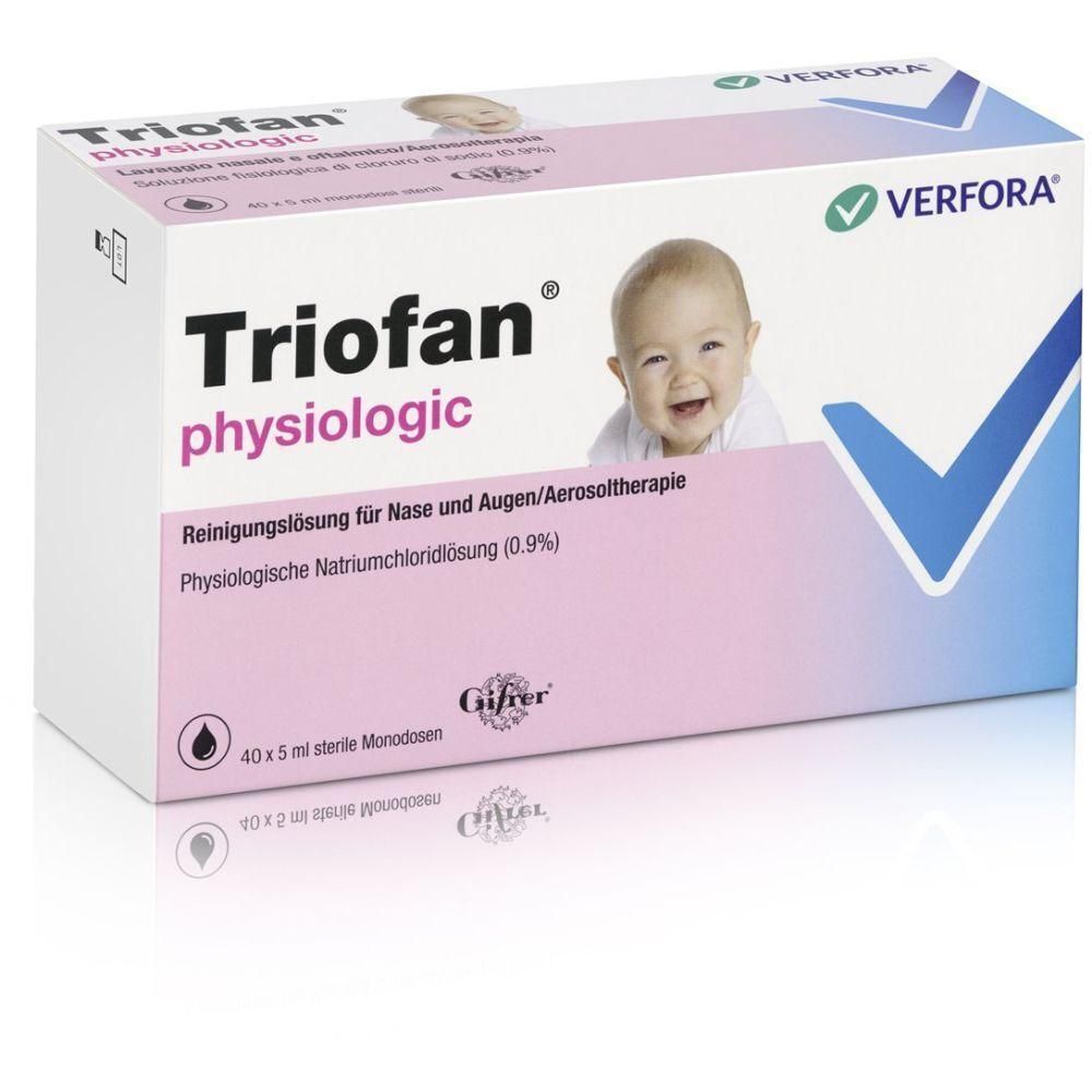 Boîte de Triofan physiologic. Contient 40 x 5 ml de monodoses stériles. Photo de bébé et logo Verfora.