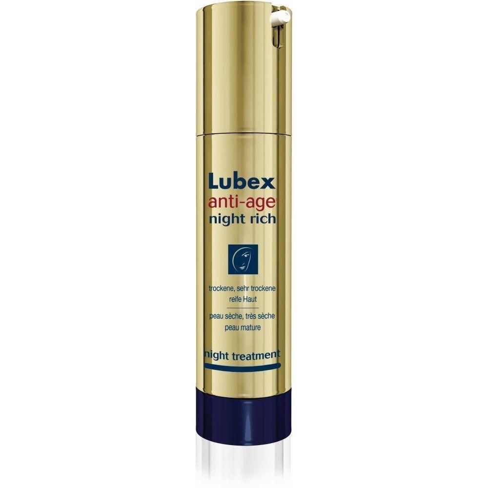 Goldfarbene Flasche mit blauem Boden. Aufschrift: Lubex anti-age night rich. Text in Deutsch, Französisch. Nachtpflege.