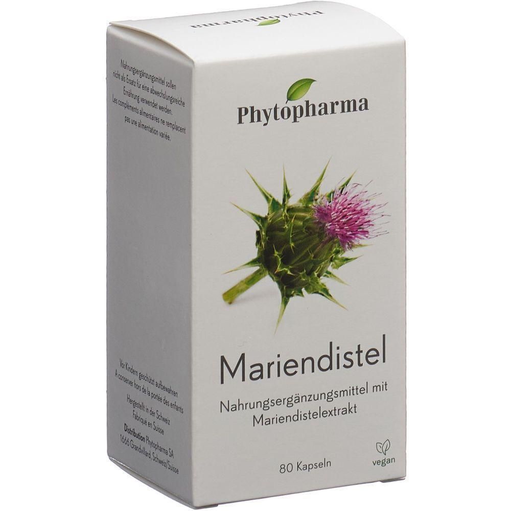 Weißer Karton mit Mariendistel-Illustration und Schriftzug. Enthält 80 Kapseln. Marke: Phytopharma.