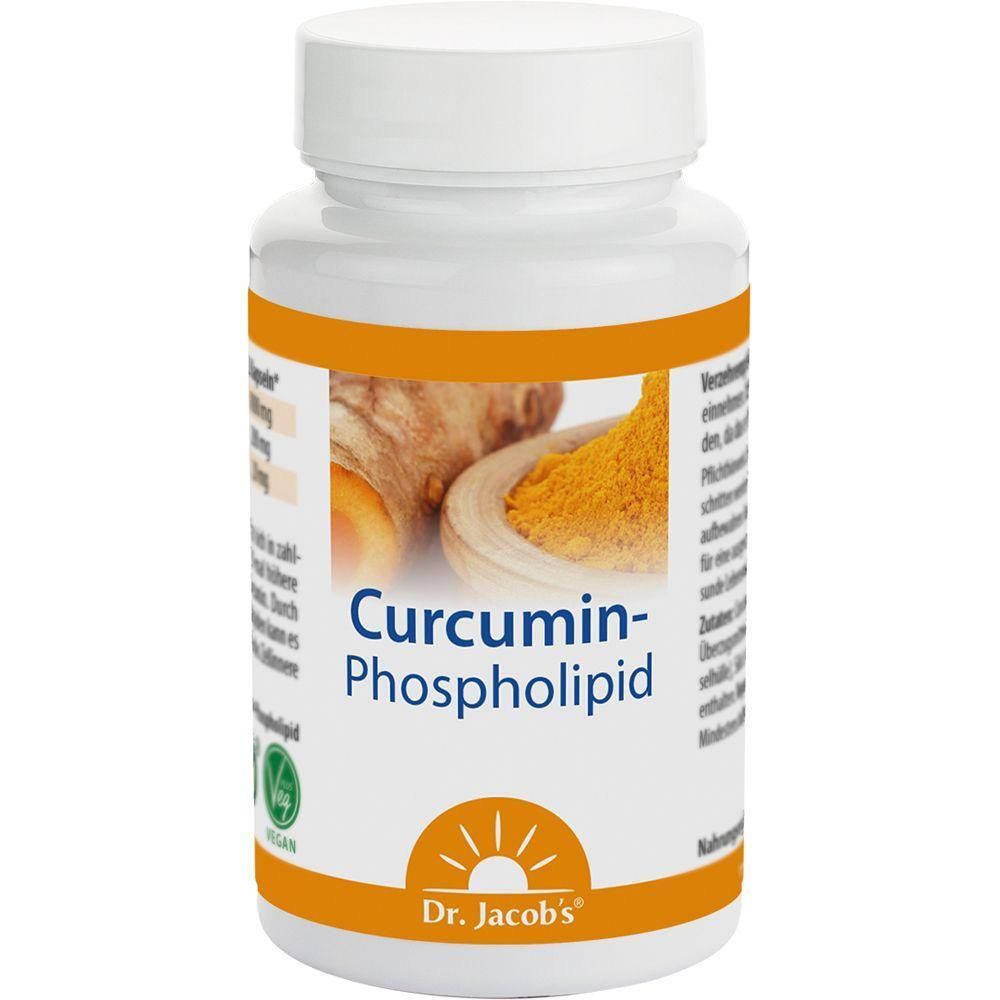 Weiße Flasche mit Kapseln. Aufschrift: Curcumin-Phospholipid. Logo: Dr. Jacob's. Gelber Streifen mit Kurkuma-Bild.