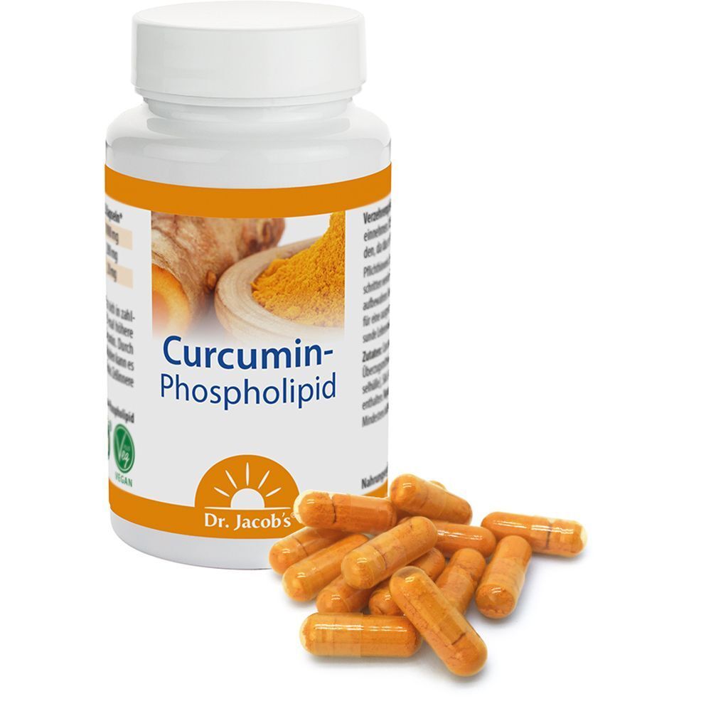 Weiße Flasche mit Kapseln und lose Kapseln daneben. Aufschrift: Curcumin-Phospholipid. Logo: Dr. Jacob's.