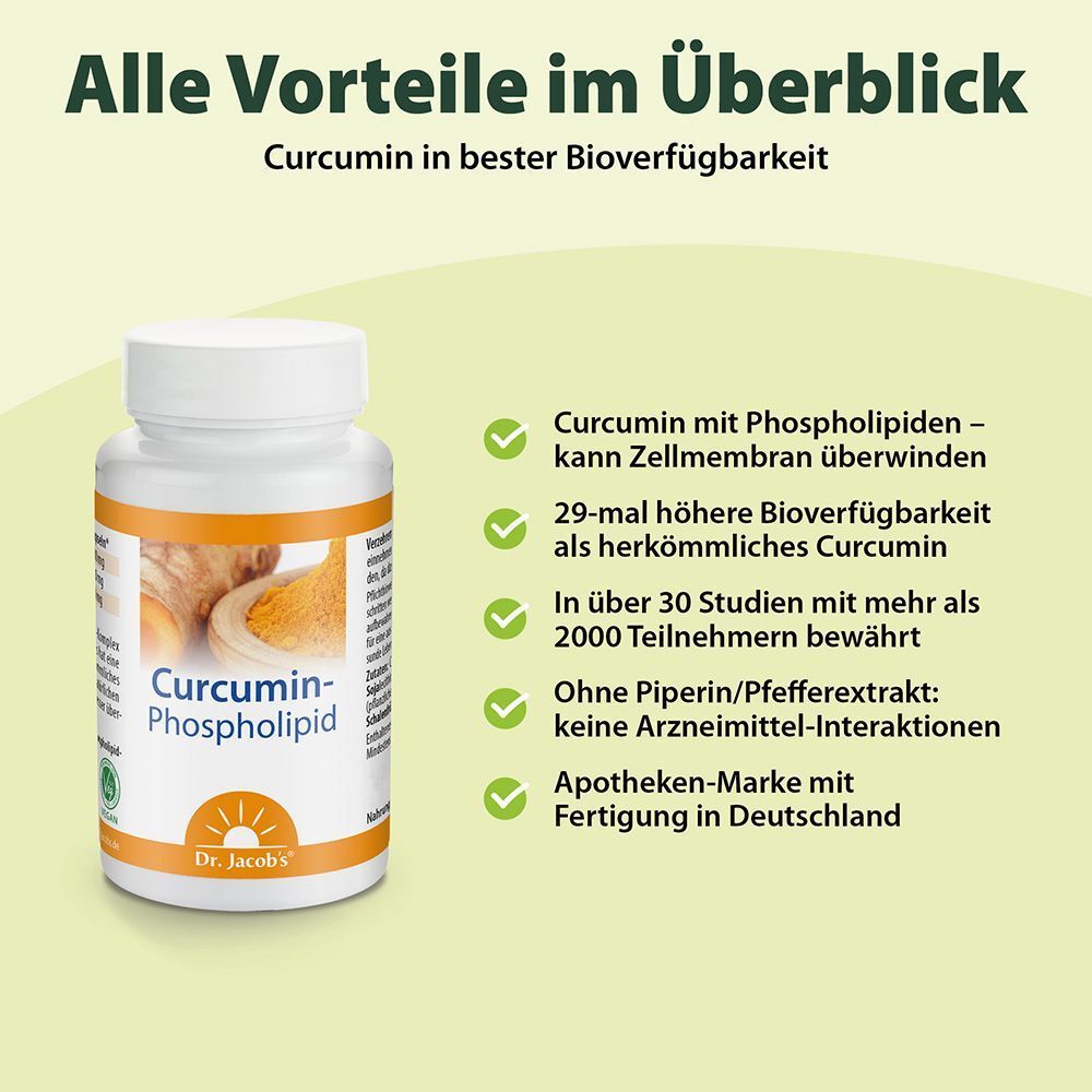 Produktflasche mit Text: Alle Vorteile im Überblick. Text: Curcumin in bester Bioverfügbarkeit. Grüne Häkchen.