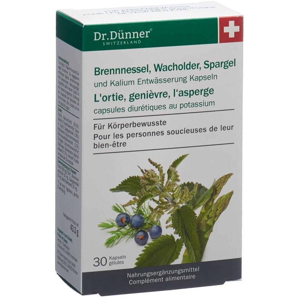 Karton mit Produktaufdruck. Text: Dr. Dünner, Brennnessel, Wacholder, Spargel, Kapseln. 30 Kapseln. Schweizer Kreuz.