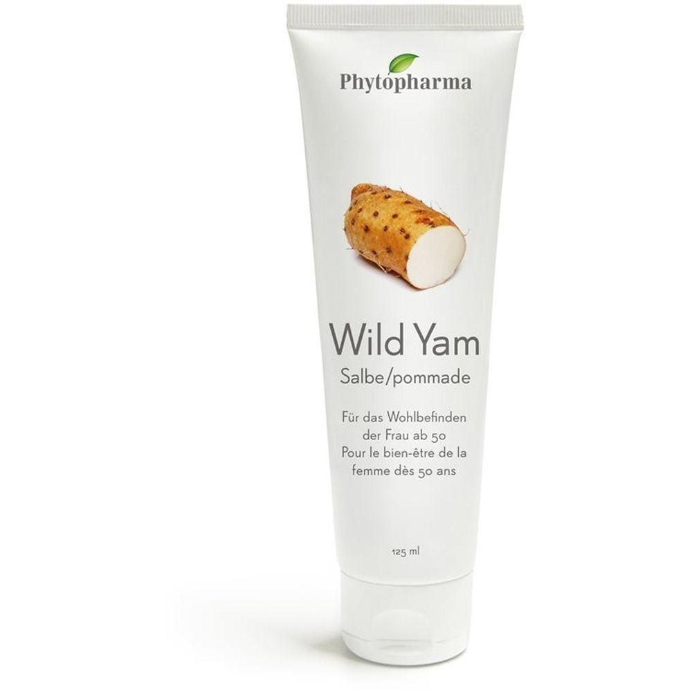 Tube blanc avec impression. Logo Phytopharma en haut à gauche. Image d'igname sauvage. Inscription Wild Yam Salbe/pommade. Texte pour femmes de plus de 50 ans. 125 ml.