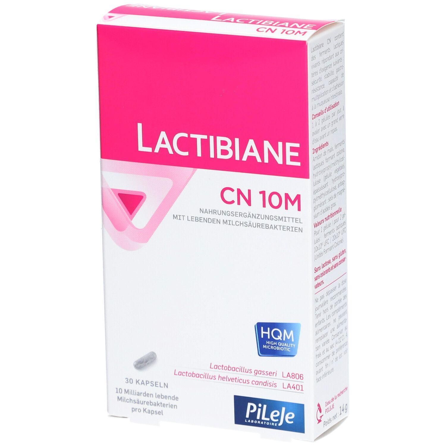 Boîte de Lactibiane CN 10M. Contient 30 gélules. Inscription : Complément alimentaire avec bactéries lactiques vivantes.