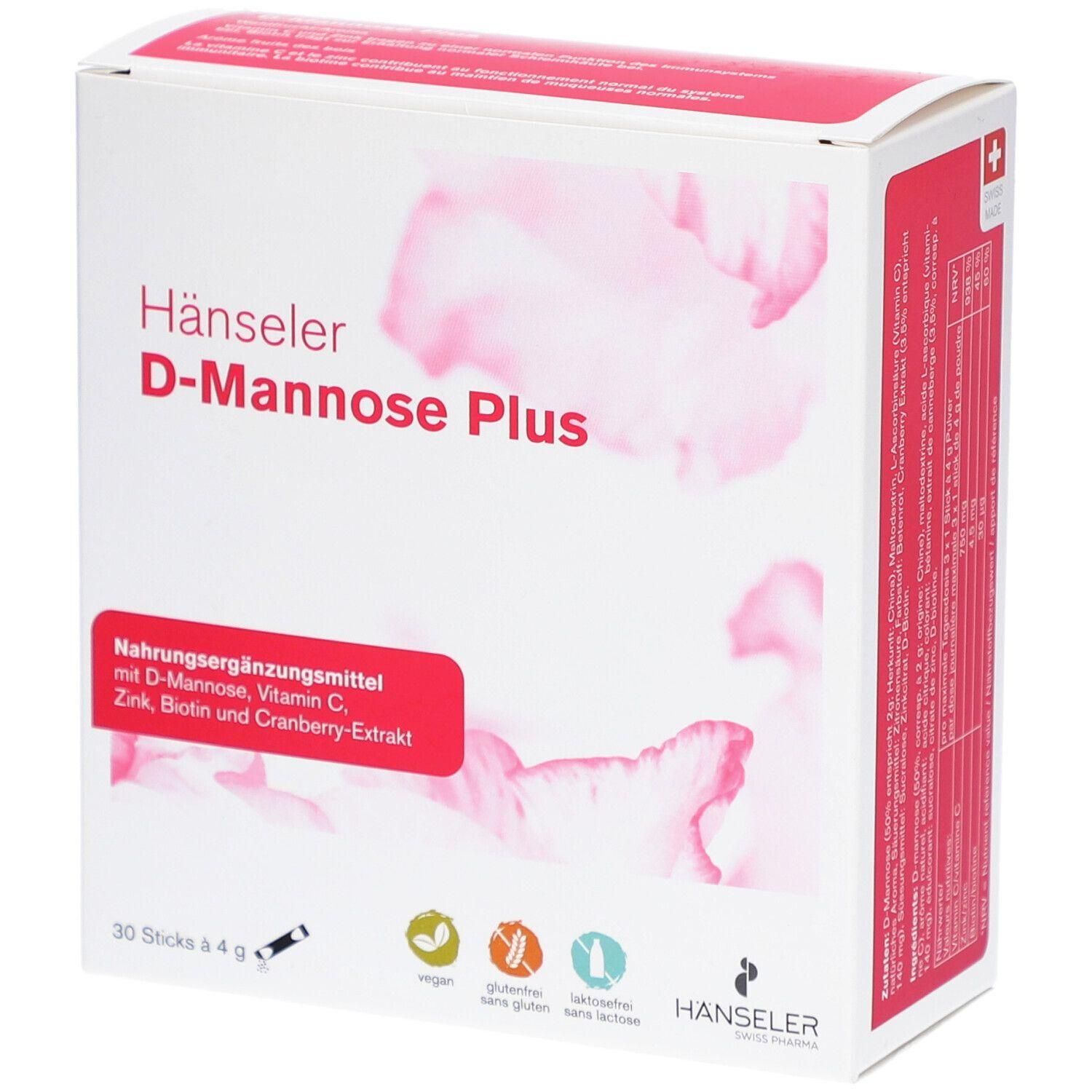 Weißer Karton mit Hänseler D-Mannose Plus. Roter Schriftzug und Logo. Enthält Nahrungsergänzungsmittel mit D-Mannose, Vitamin C, Zink, Biotin und Cranberry-Extrakt. 30 Sticks.