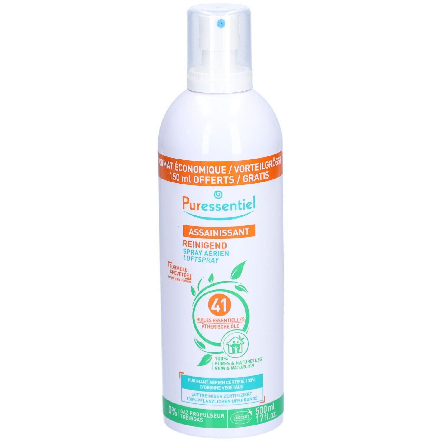 Flacon spray blanc avec étiquette orange. Texte: Puressentiel, ASSAINISSANT, REINIGEND, SPRAY AERIEN, LUFTSPRAY. Contient 41 huiles essentielles.