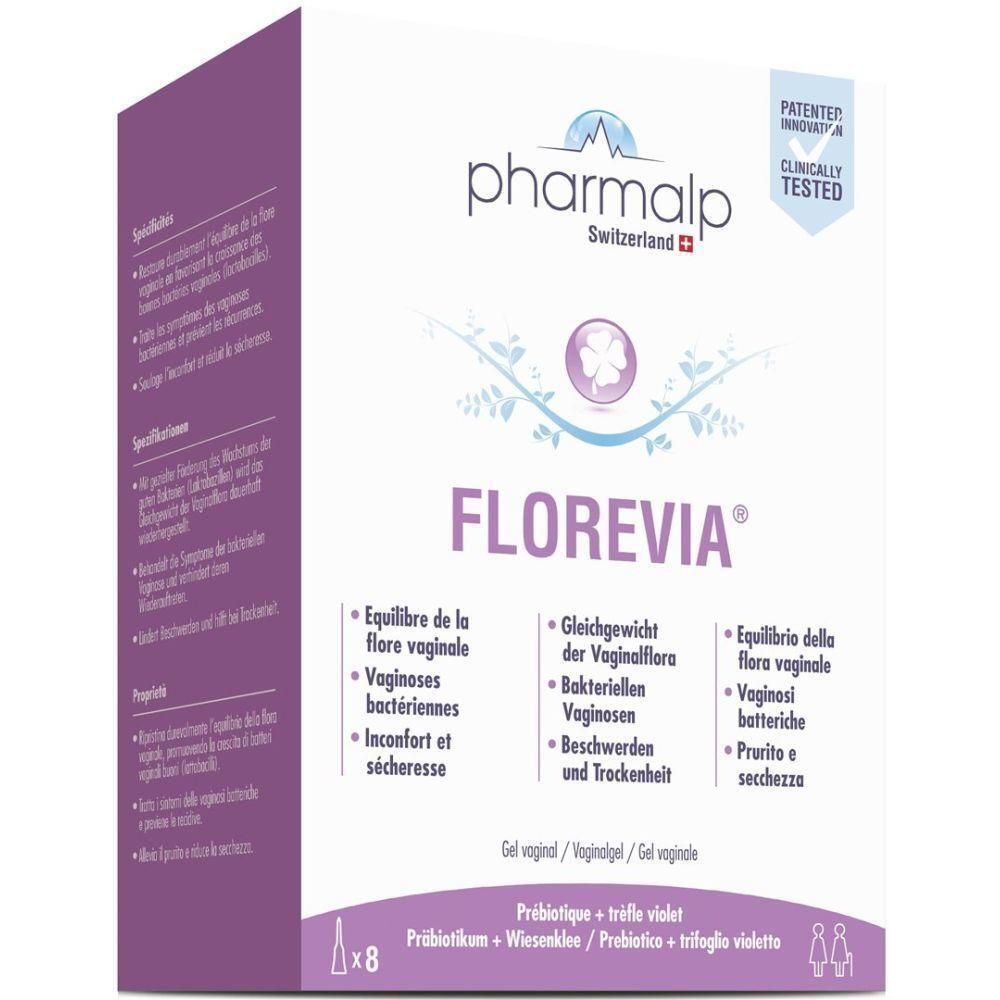 Verpackung von Pharmalp Florevia Gel. Weißer Karton mit lila Akzenten. Produktname und Logos deutlich sichtbar. Klinisch getestet.