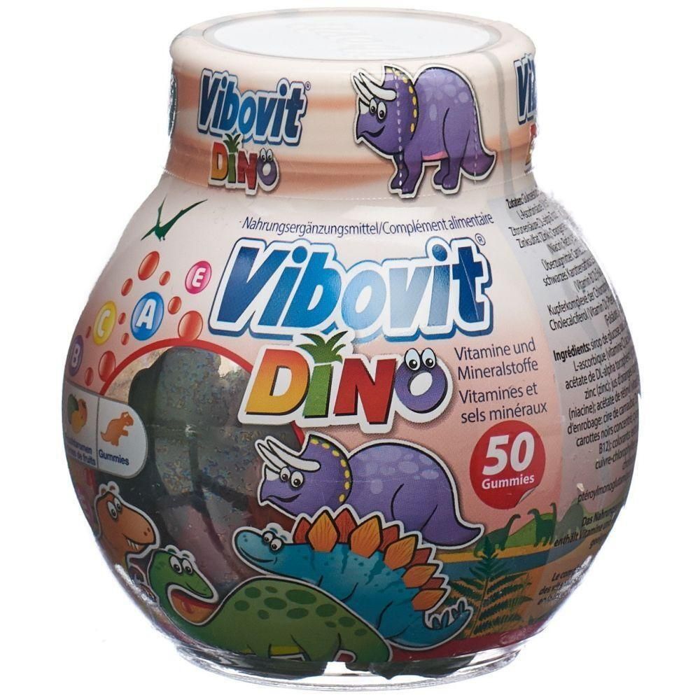 Pot rond de bonbons gélifiés VIBOVIT Dino. Inscription : Vitamines et minéraux, 50 gommes. Illustrations de dinosaures.