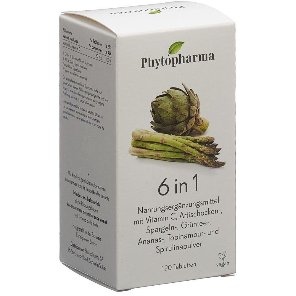 Boîte blanche "Phytopharma 6 en 1". Illustration d'artichaut et d'asperges. Contient 120 comprimés. Vegan.