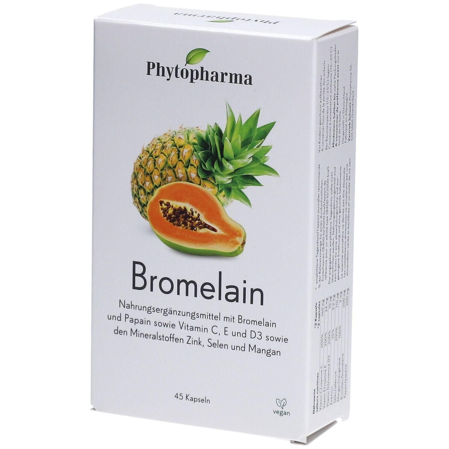 Weiße Schachtel mit Produktaufdruck. Abbildung von Ananas und Papaya. Schriftzug: Bromelain. 45 Kapseln. Vegan.