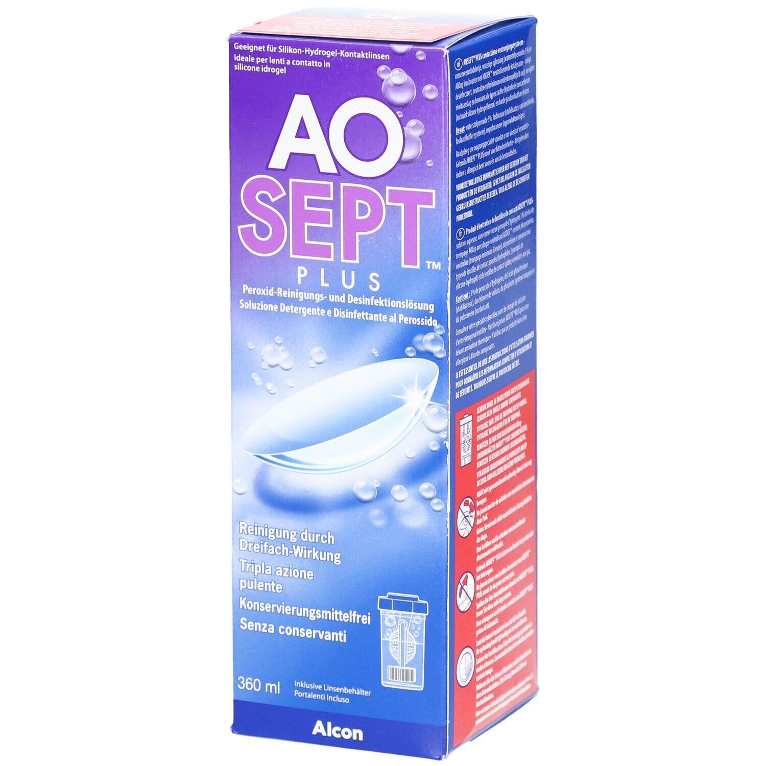 Verpackung von AOSEPT PLUS. Aufschrift: Reinigung durch Dreifach Wirkung, 360 ml. Alcon Logo. Enthält Kontaktlinsen.