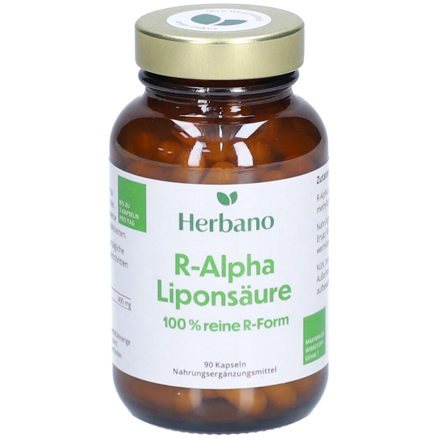 Braune Glasflasche mit goldfarbenem Deckel. Etikett mit "Herbano R-Alpha Liponsäure". Enthält 90 Kapseln. Nahrungsergänzungsmittel.