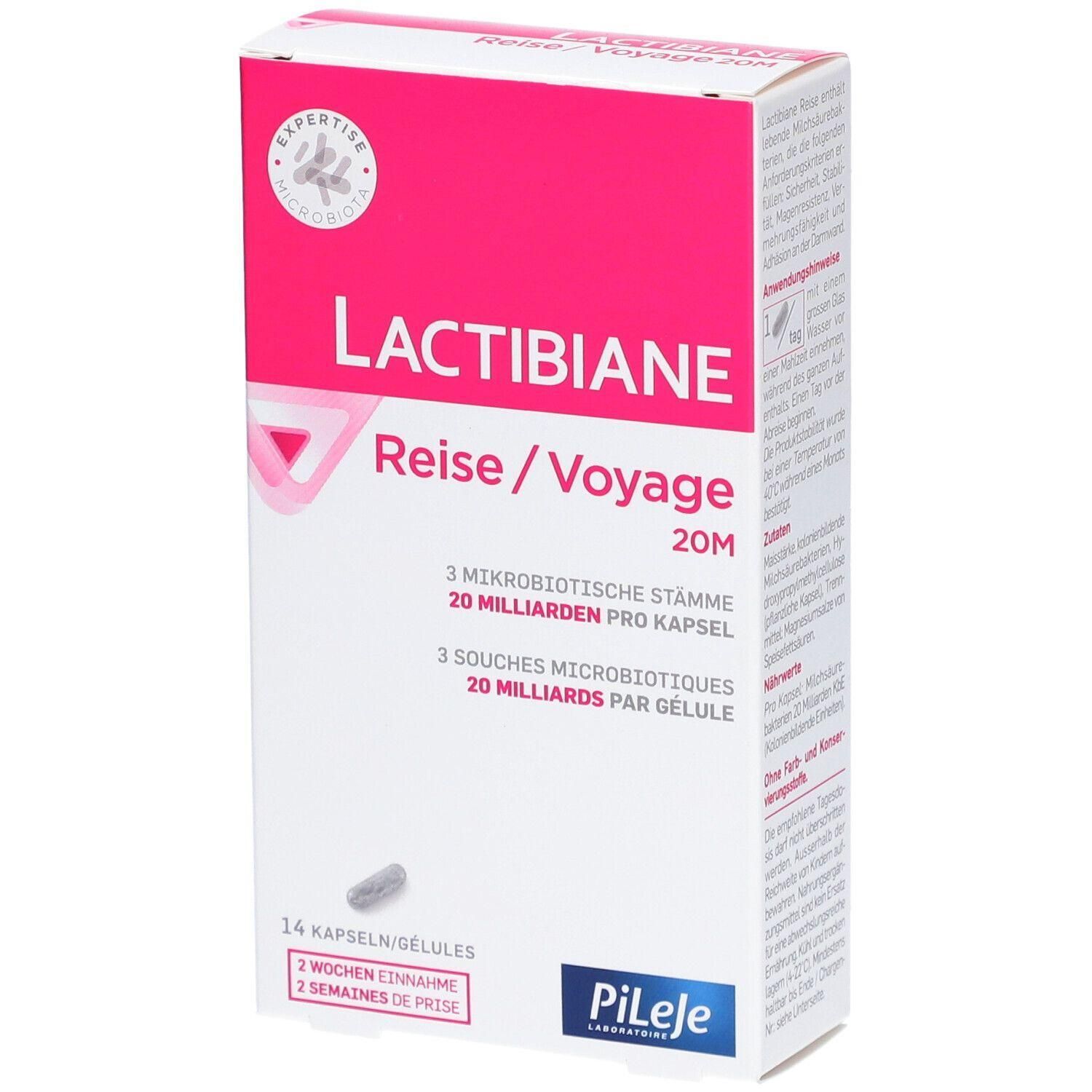 Verpackung von LACTIBIANE Reise 20M. Weiß und pink. Enthält 14 Kapseln. Aufschrift: 3 mikrobiotische Stämme, 20 Milliarden pro Kapsel.