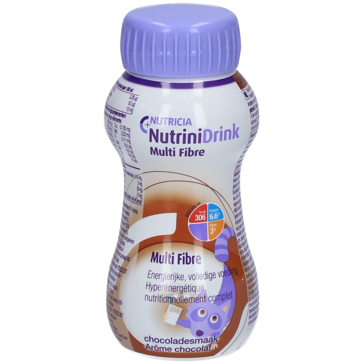 Flasche mit lila Verschluss. Aufschrift: NutriniDrink Multi Fibre. Enthält Informationen zu Nährwerten und Geschmacksrichtung Schokolade.