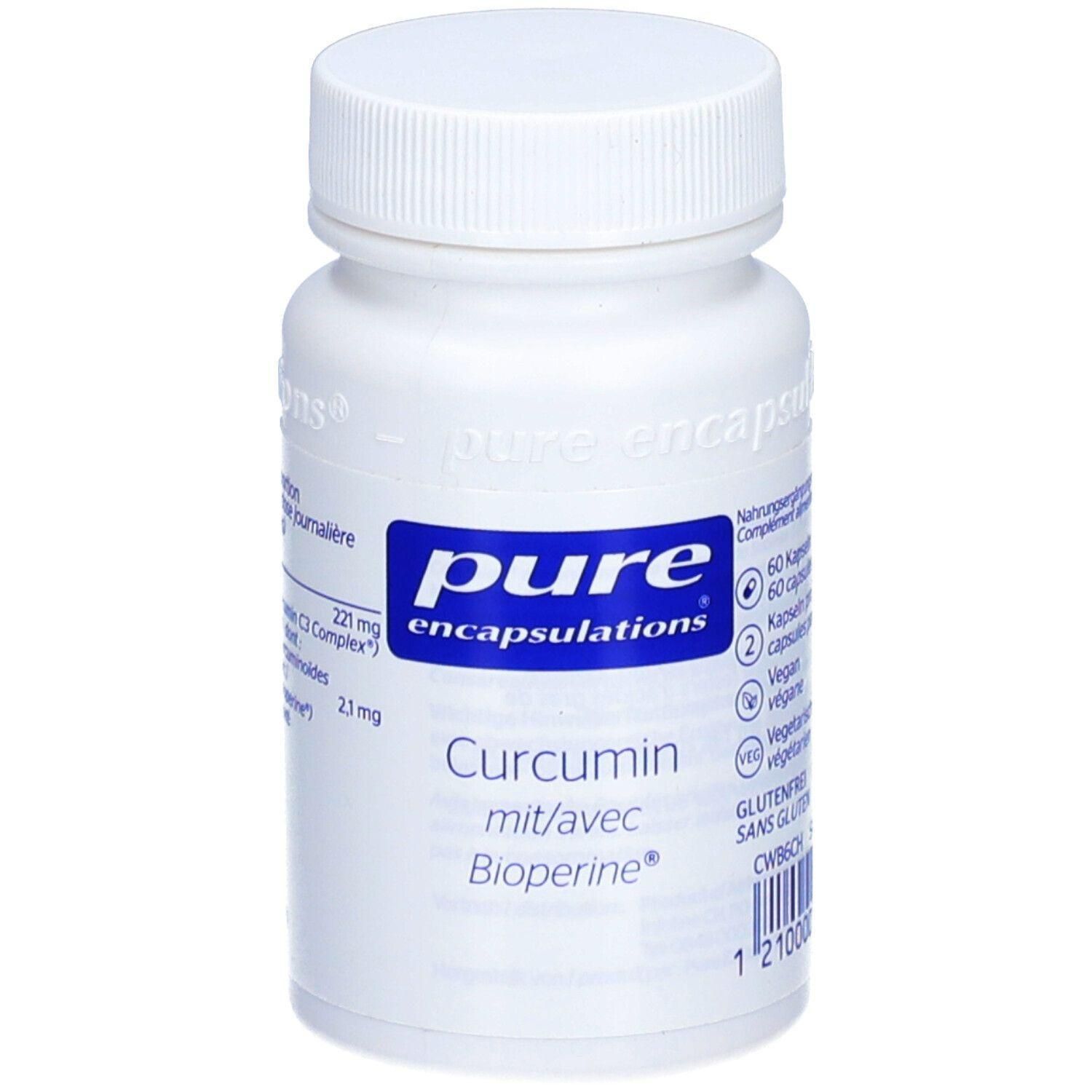 Flacon blanc de gélules. Inscription: pure encapsulations, Curcumin mit Bioperine. Vegan, sans gluten. 60 gélules.