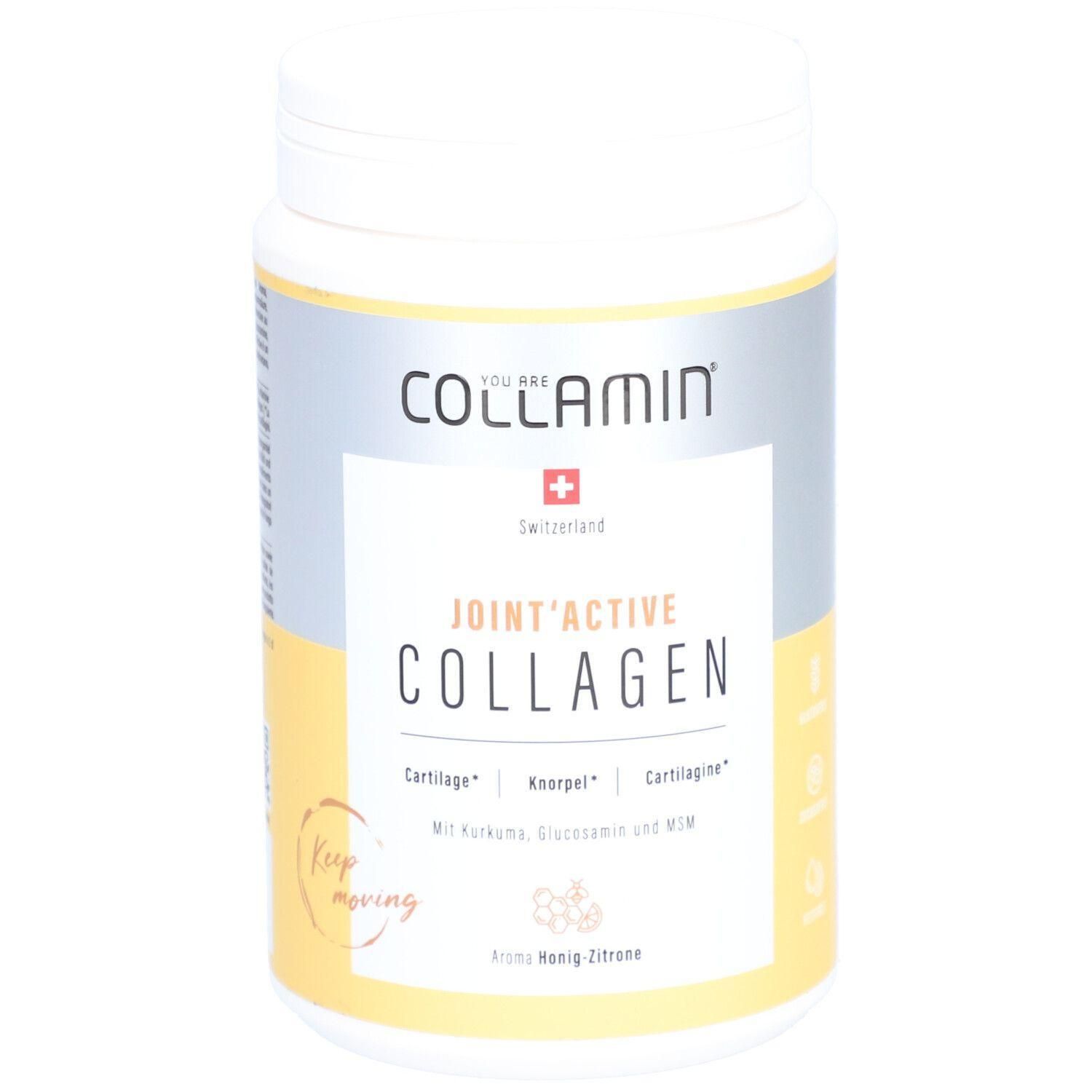 Weißes COLLAMIN Joint'Active Collagen-Behälter. Text: Joint'Active Collagen, Cartilage, Knorpel, Cartilagine. Aroma Honig Zitrone. Schweizer Kreuz.