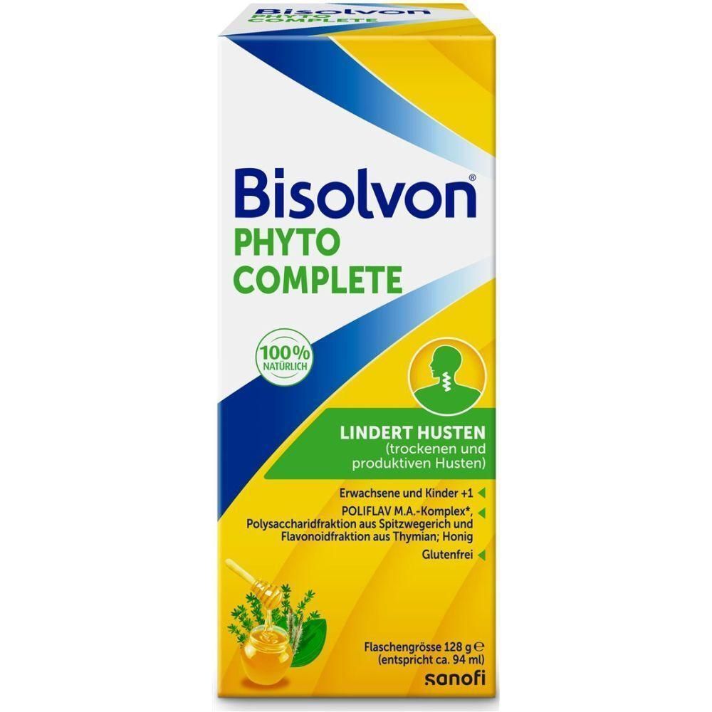 Verpackung von Bisolvon Phyto Complete Hustensirup. Gelb-weißes Design mit Produktnamen und Logo. Enthält Informationen zur Anwendung.