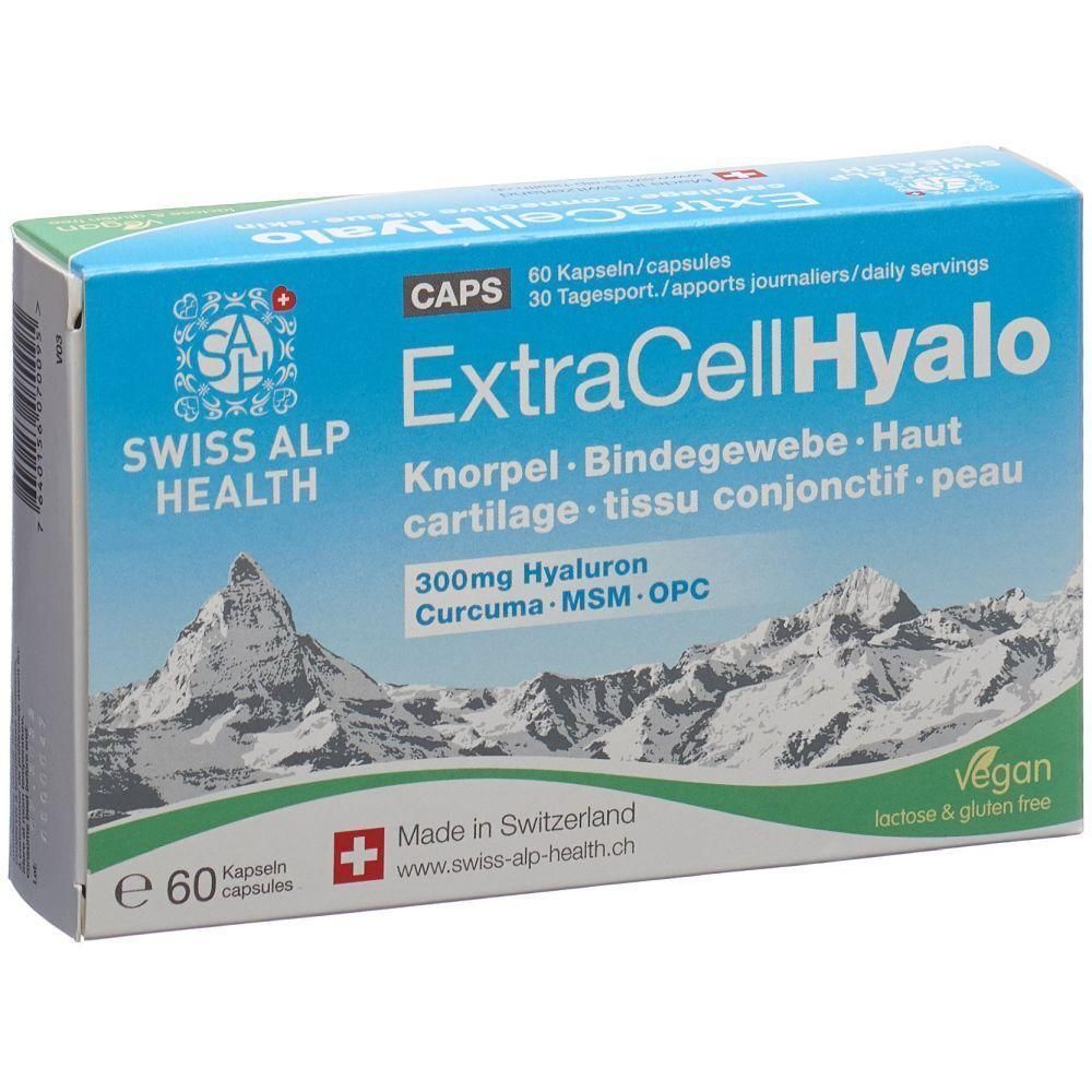Karton mit ExtraCell Hyalo Kapseln. Aufschrift: Knorpel, Bindegewebe, Haut. 60 Kapseln. Vegan, laktose- und glutenfrei. Swiss Alp Health.