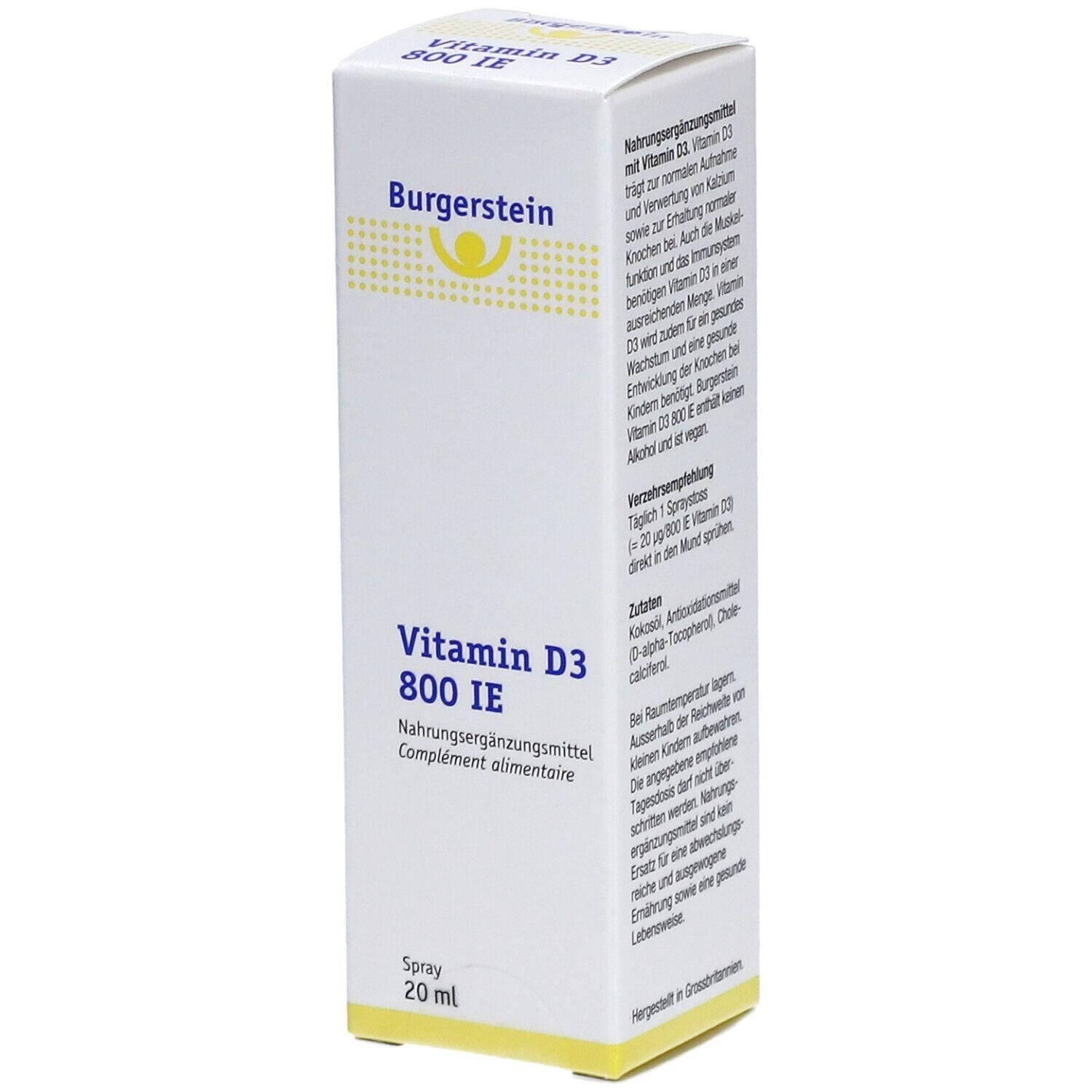 Weiße Schachtel mit Burgerstein Vitamin D3 800 IE. Aufschrift: Nahrungsergänzungsmittel, Spray, 20 ml. Gelbes Logo.
