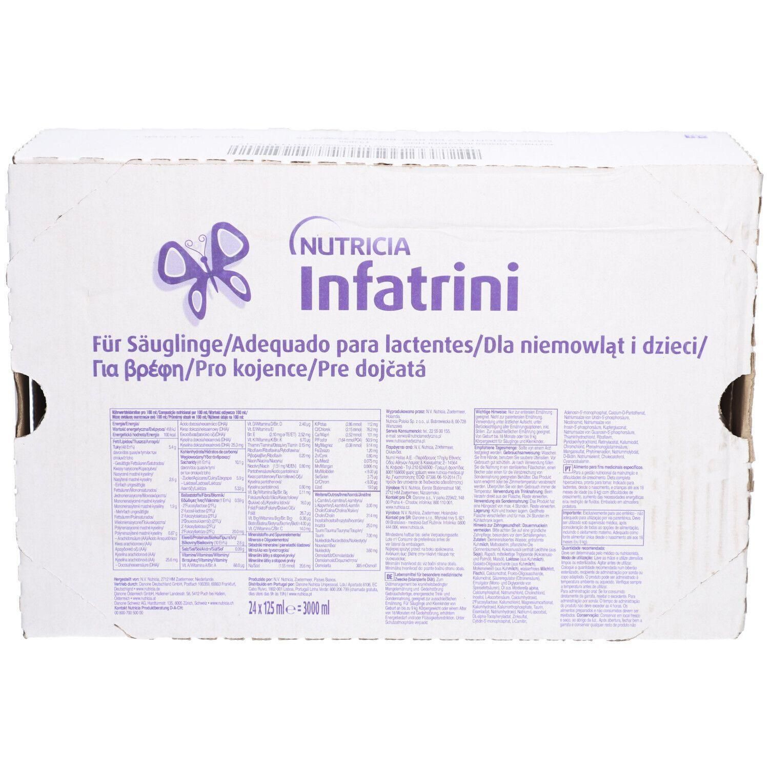 Karton mit Produktaufdruck. Aufschrift: Infatrini, Nutricia. Text in mehreren Sprachen. 24x125ml = 3000ml.