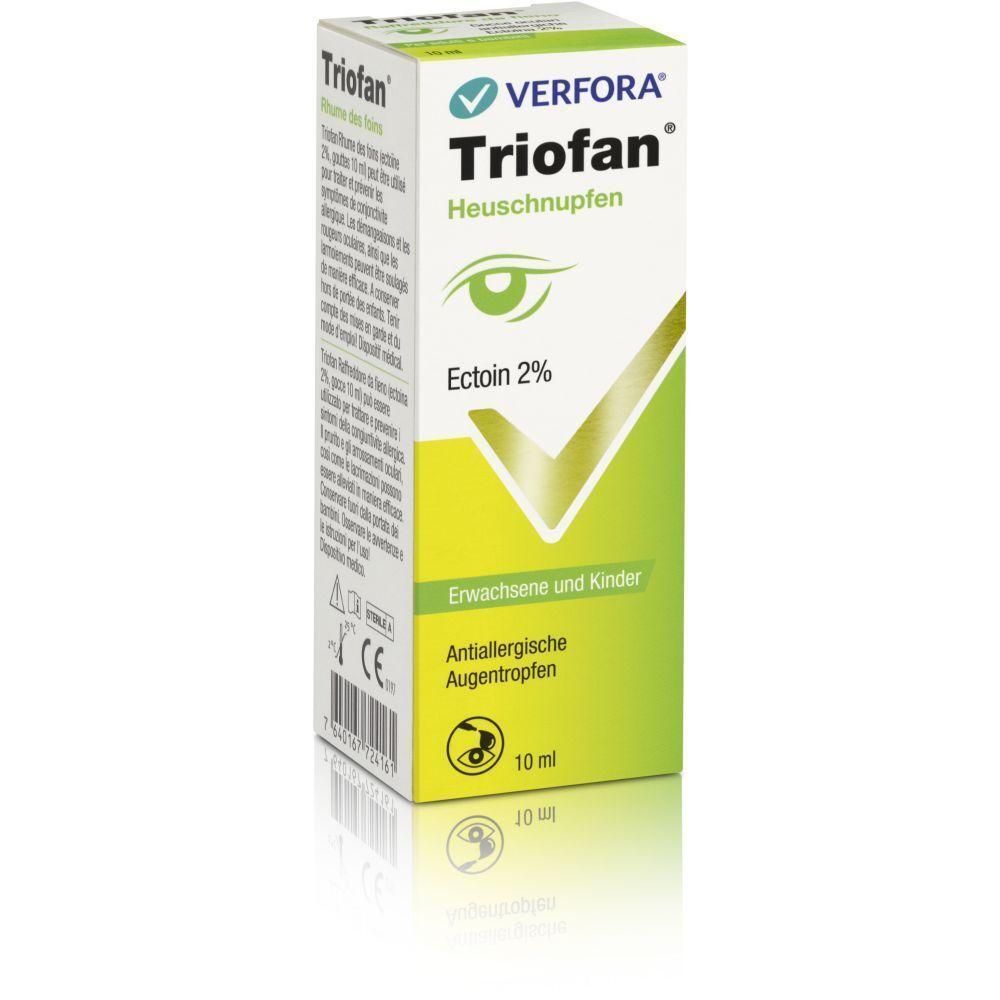 Boîte de Triofan pour les yeux. Contient des gouttes. Inscription : Heuschnupfen, Ectoin 2%. Pour adultes et enfants. 10 ml.
