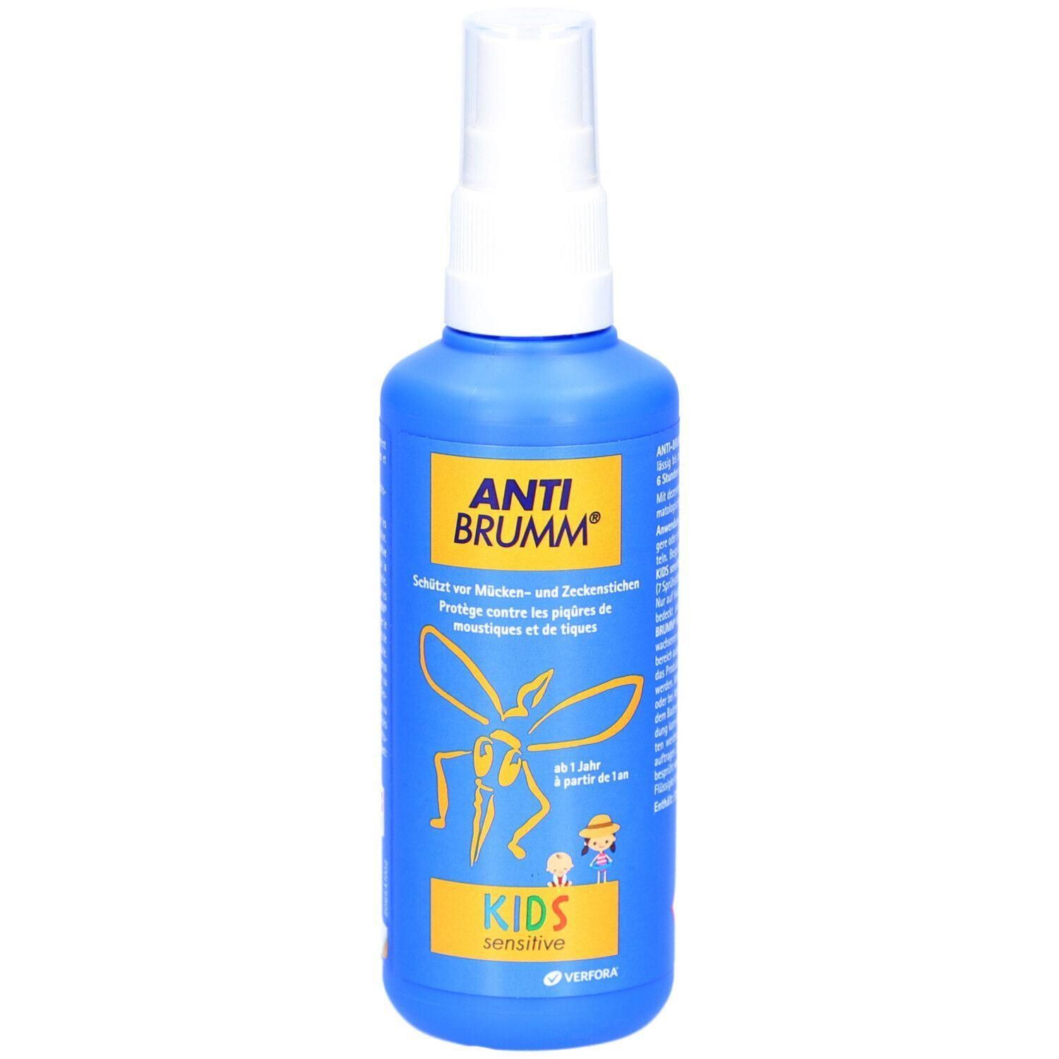 Blaue Sprühflasche mit weißem Sprühkopf. Aufschrift ANTI BRUMM®. Illustration eines Insekts. Text: KIDS sensitive.