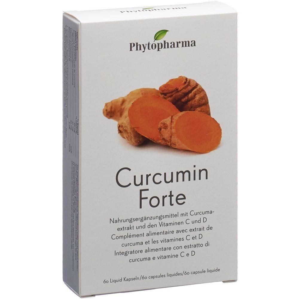 Weiße Produktverpackung mit Logo und Produktnamen. Abbildung von Kurkuma-Stücken. Text: Curcumin Forte, Nahrungsergänzungsmittel.