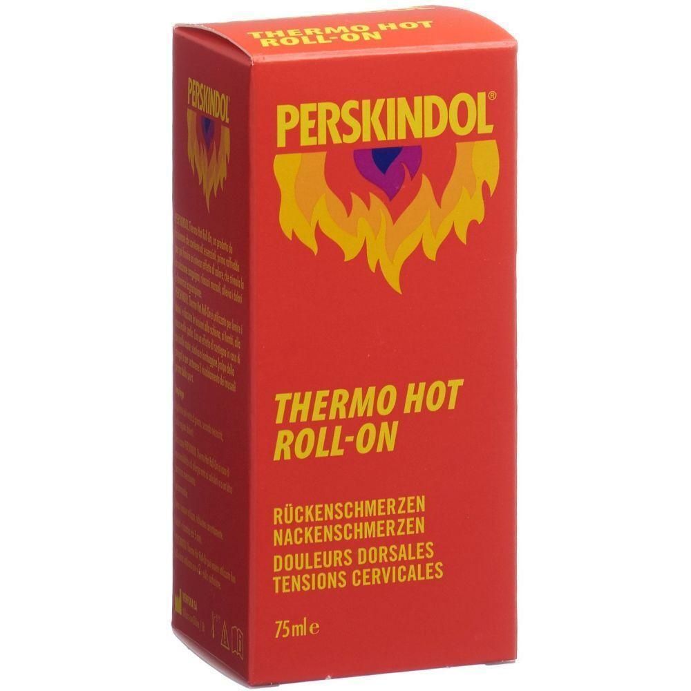 Rote Verpackung mit Produktnamen PERSKINDOL und THERMO HOT ROLL-ON. Text für Rücken- und Nackenschmerzen. 75ml.