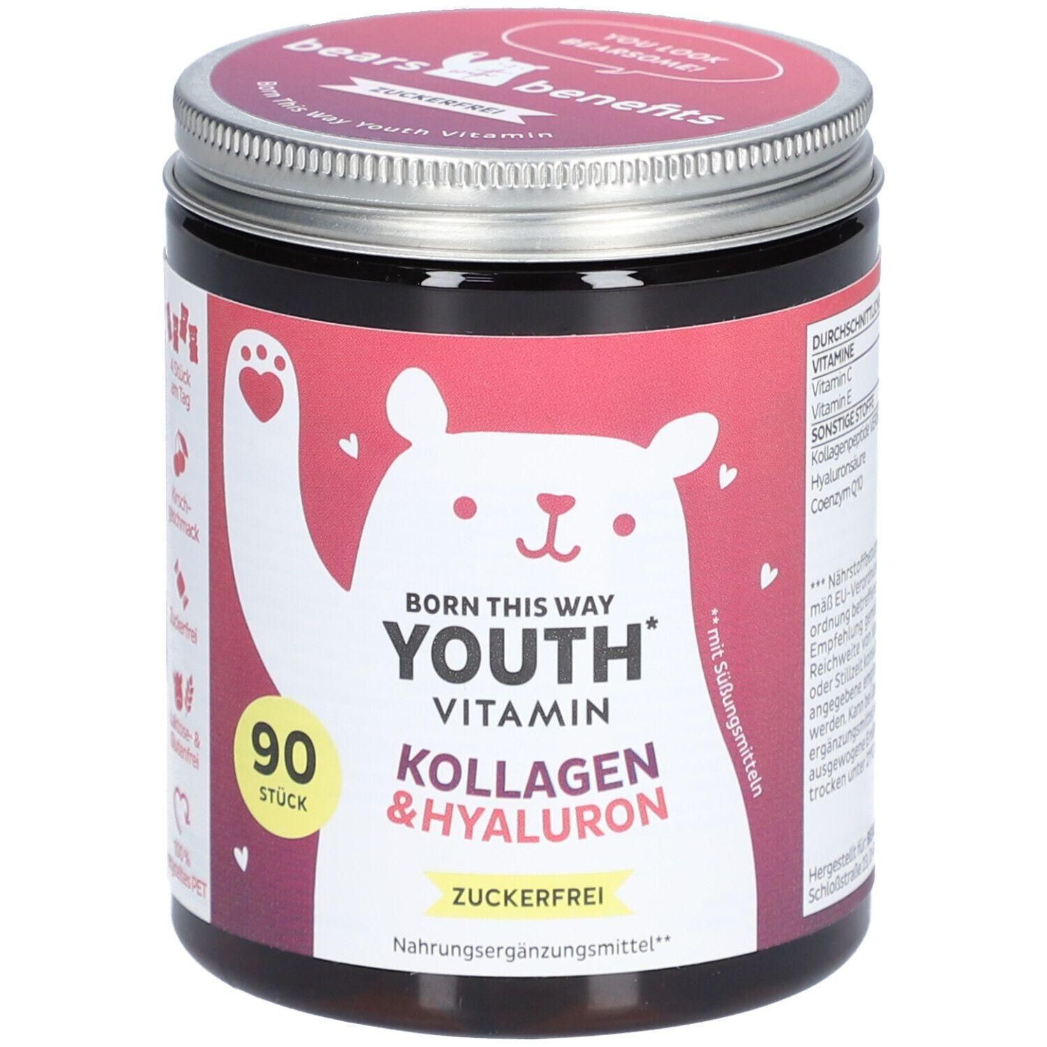 Runde Dose mit Schraubverschluss. Aufschrift: Born This Way Youth Vitamin, Kollagen & Hyaluron. Enthält 90 Stück. Zuckerfrei. Marke: bears with benefits.
