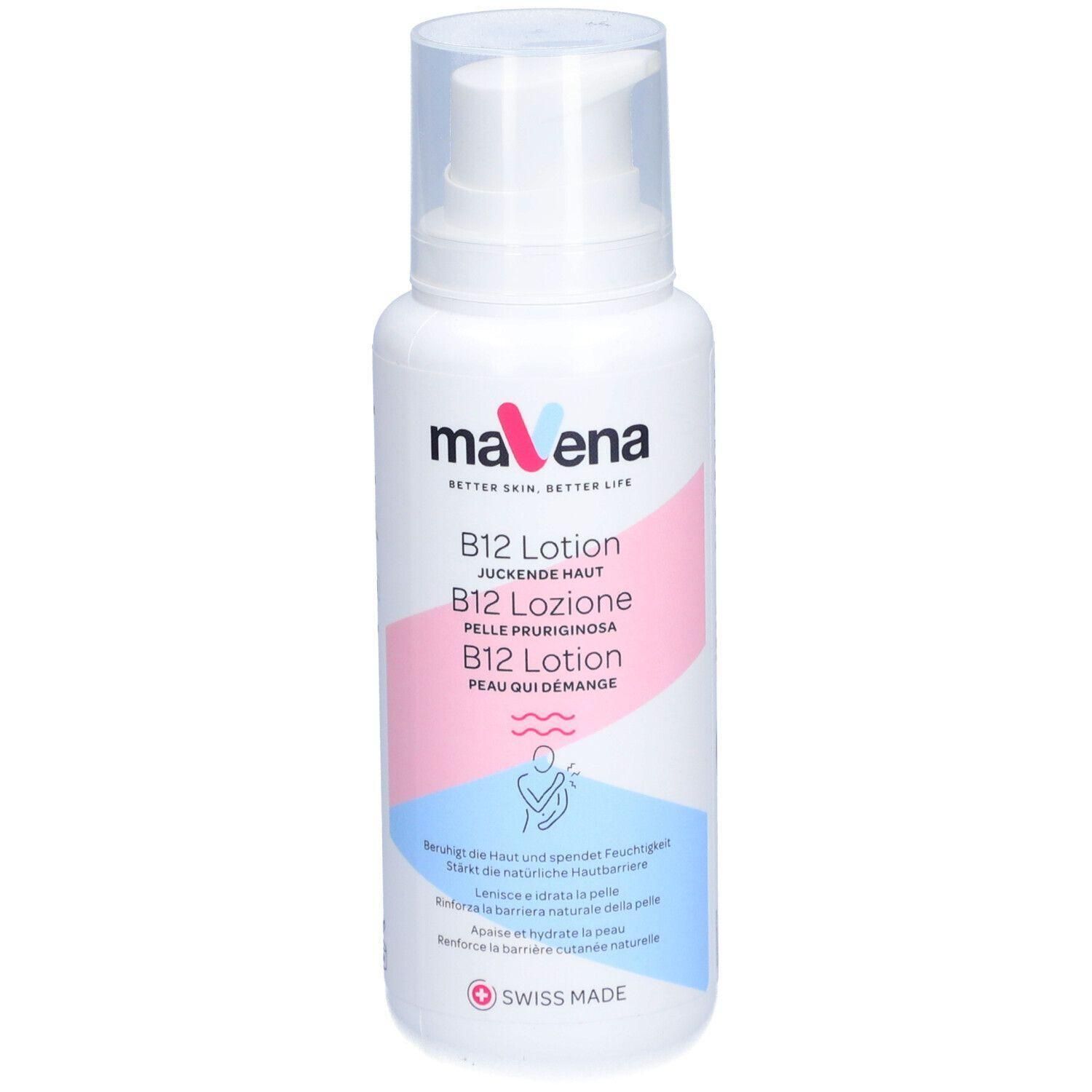 Flacon blanc avec pompe. Inscription: mavena B12 Lotion. Texte en allemand, italien et français. Swiss Made.