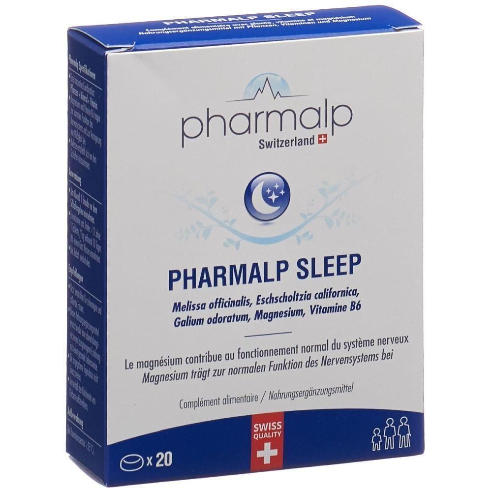 Karton mit PHARMALP SLEEP. Blaue Verpackung mit Produktnamen, Mond-Symbol und Inhaltsstoffen. Swiss Quality-Siegel.